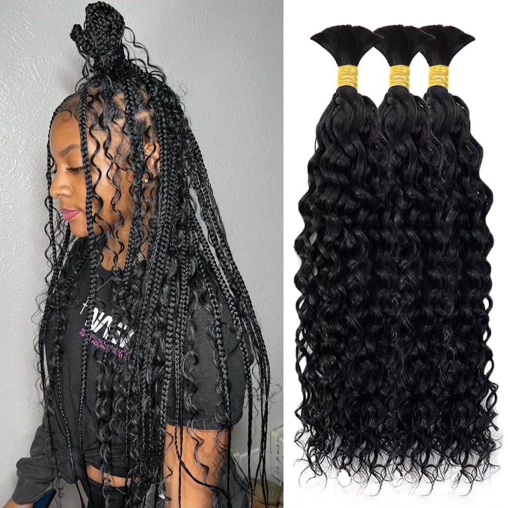 Human Braiding Hair 3Bundle/Pack 150g Water Wave Human Bulk Hair for Braiding No...