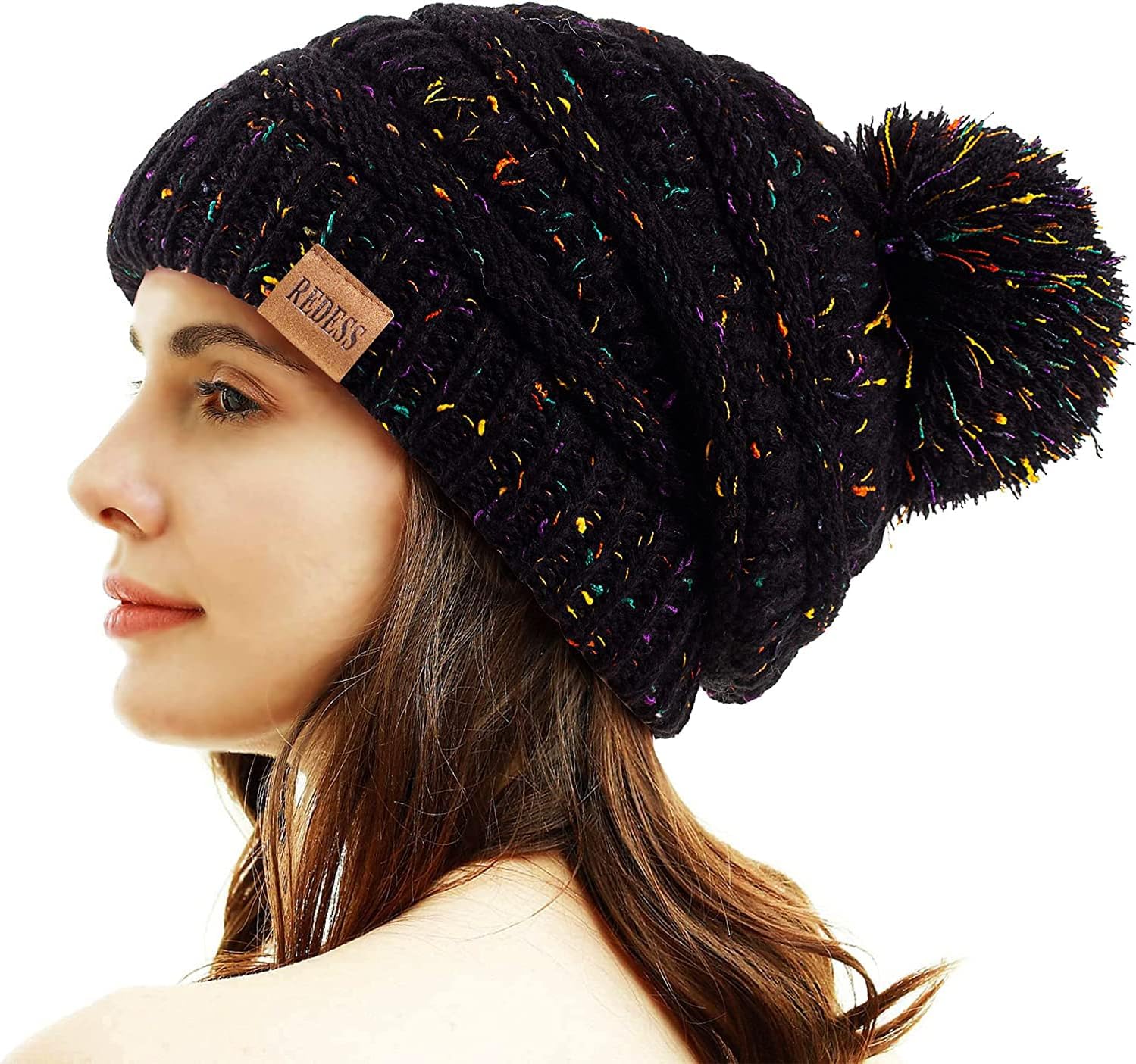 REDESS Women Winter Pom Pom Beanie Hat with Warm Fleece Lined Confetti Black