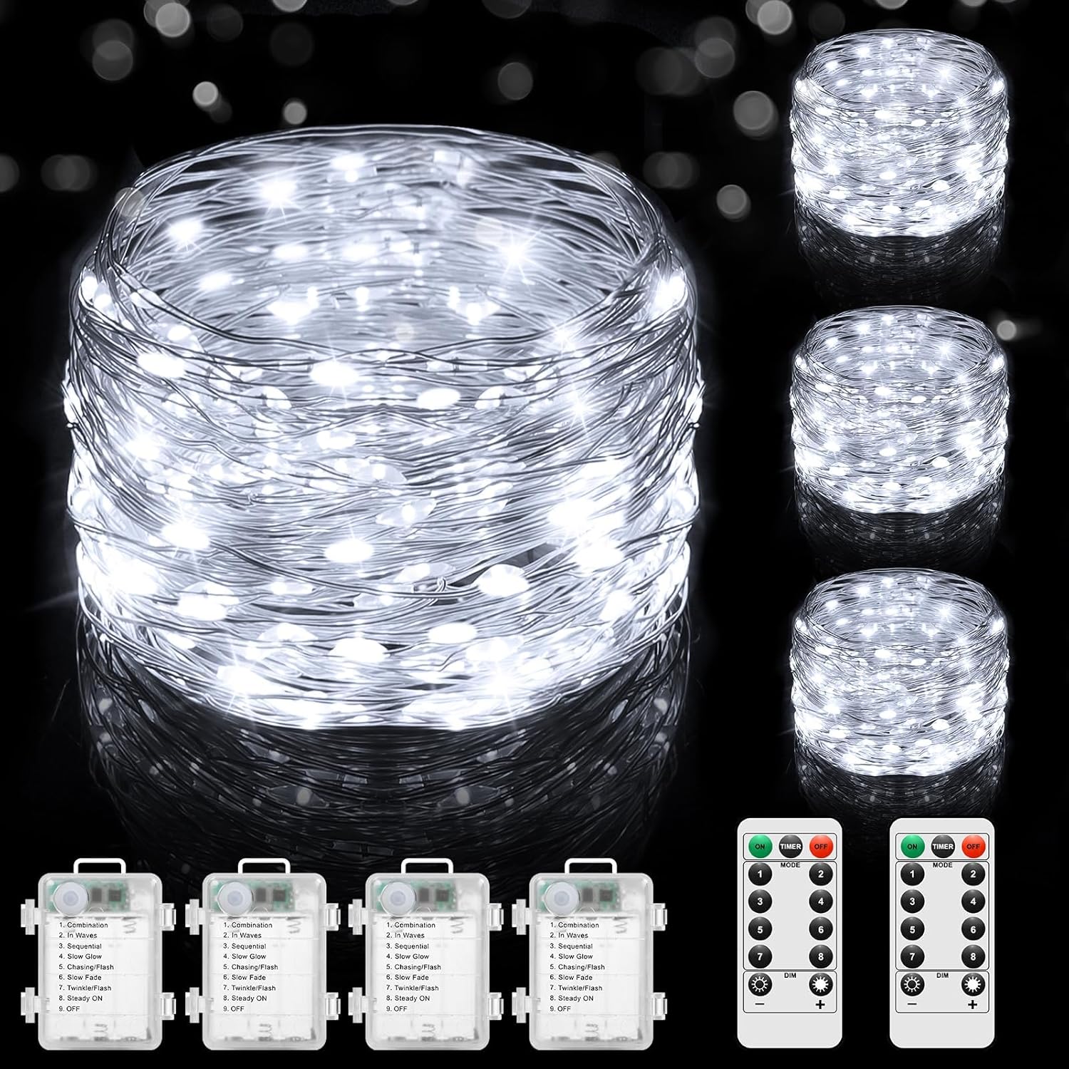 Lakumu 4-Pack 33FT 100 LED Fairy Lights Battery Operated, Remote Control String...