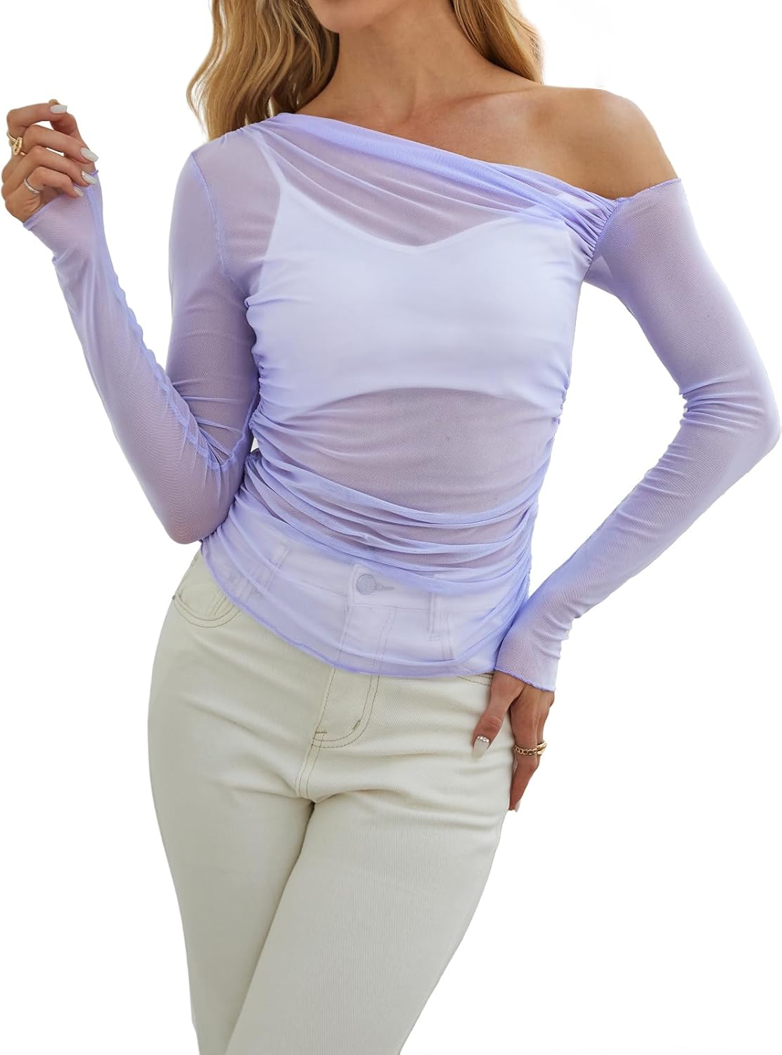 WIHOLL Womens Mesh Sheer Tops Sexy Crew Neck Summer Loose FIt Party Clubwear Shi...