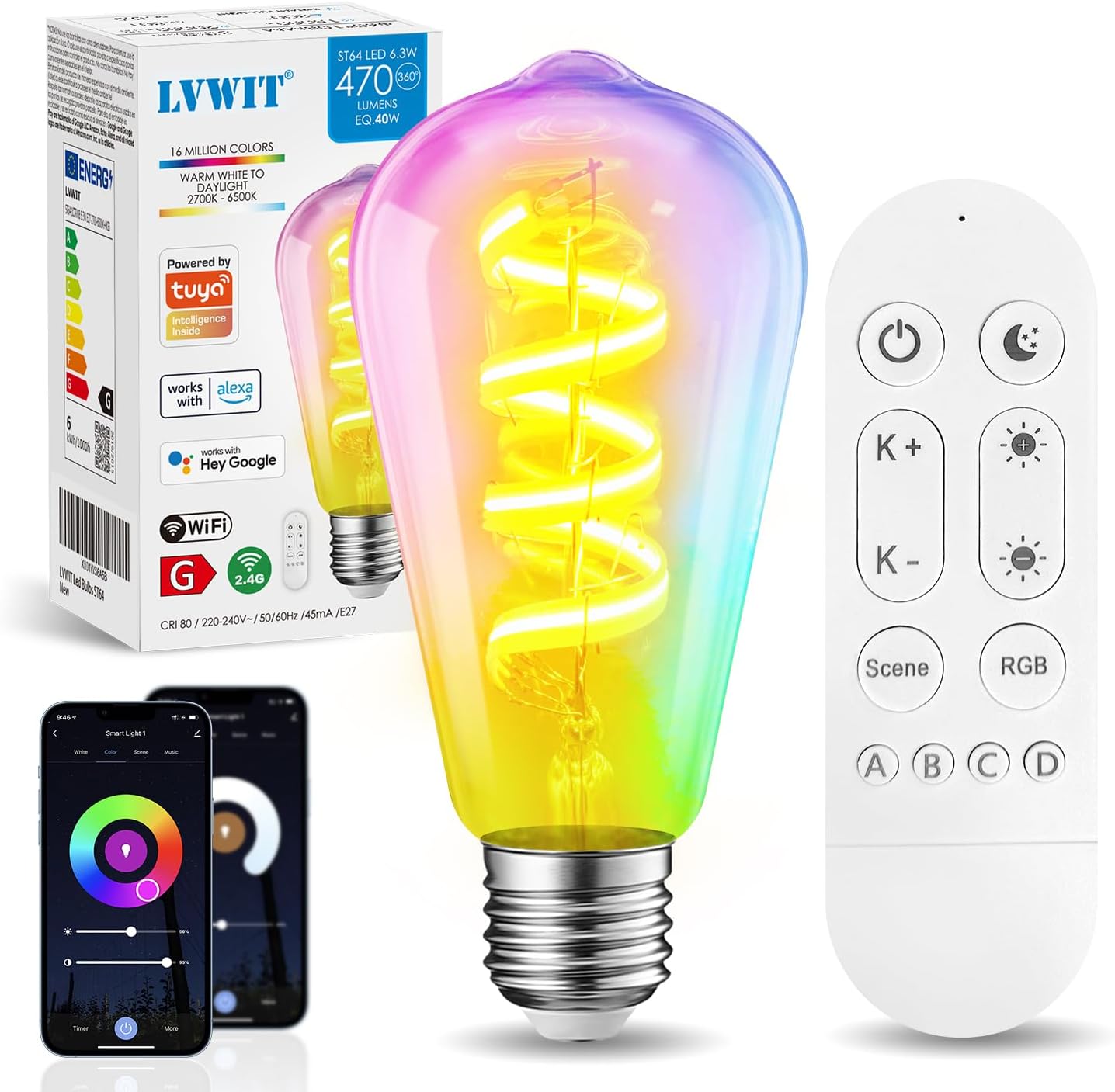 LVWIT E27 Smart Filament Bulb,Alexa Dimmable LED Color Changing Light Bulb,ST64...
