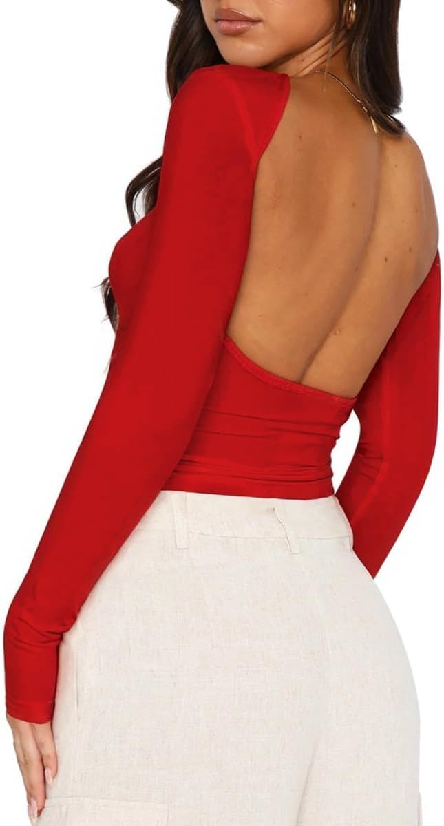 ForeFair Women Sexy Backless Short Sleeve Slim Fit Crewneck Summer Casual Y2K Cr...
