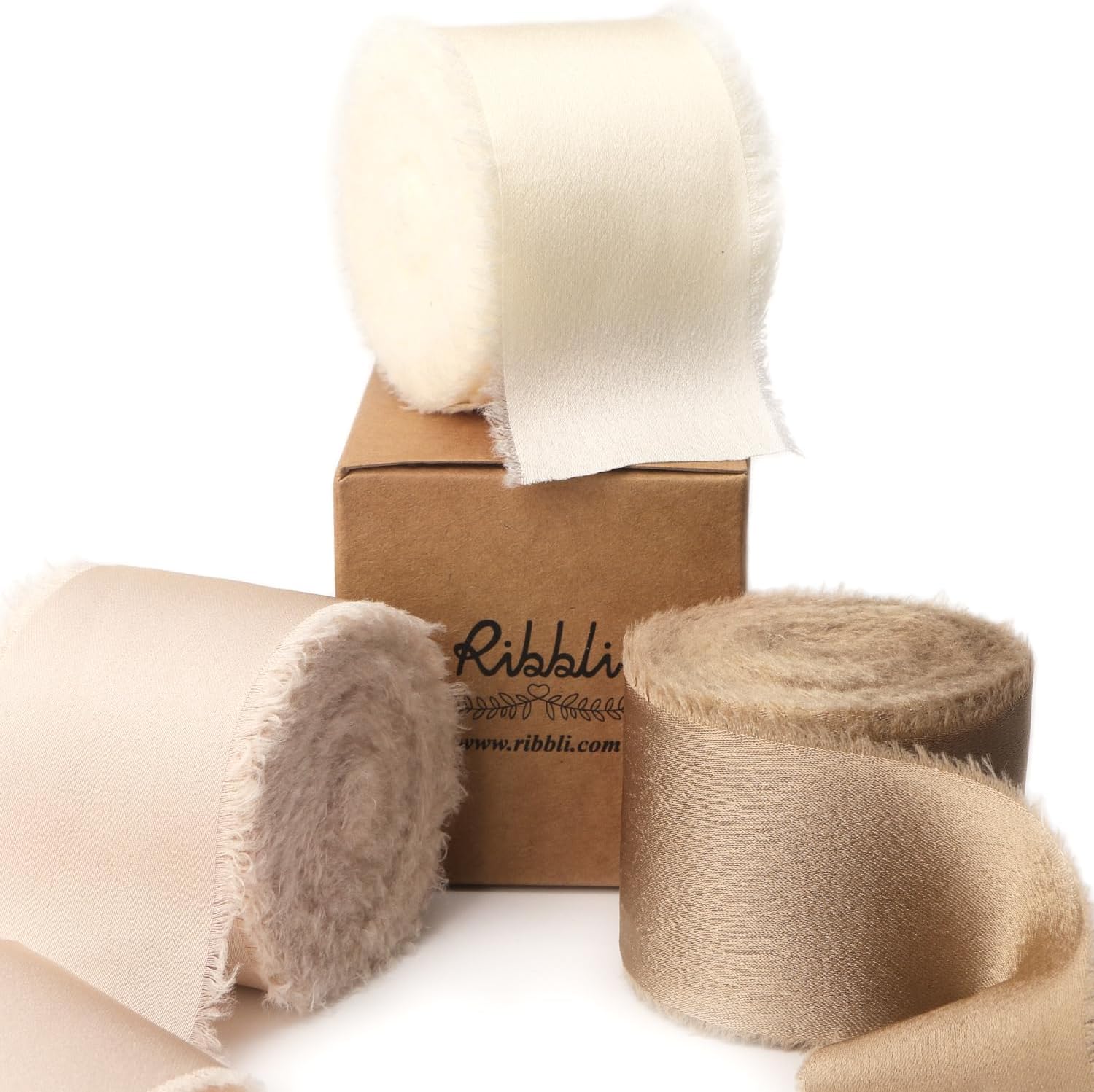 Ribbli Ivory Champagne Silk Satin Ribbon 1.5 Inch x 30 Yard Handmade Frayed Chif...