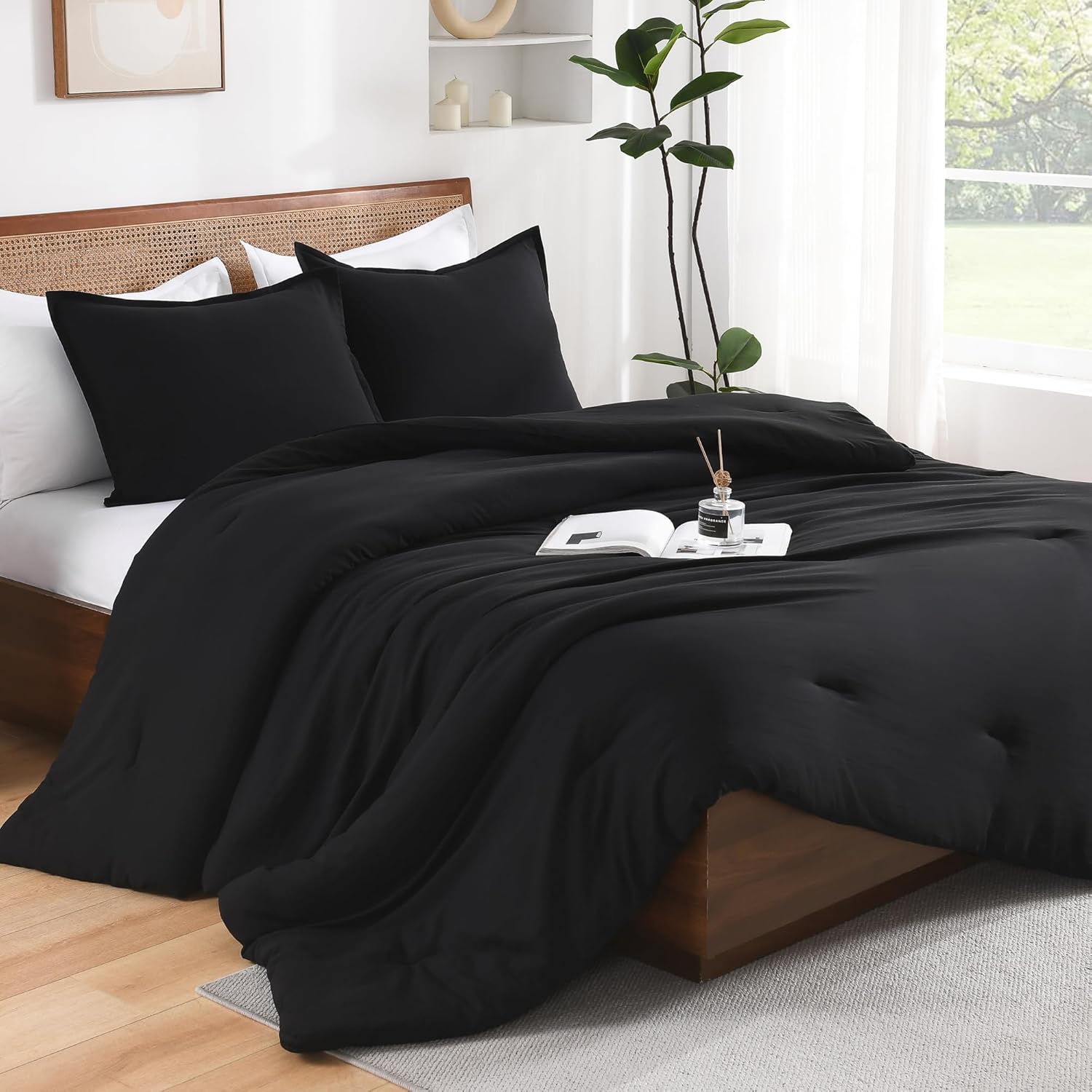 Andency Black Comforter Set Queen, 3 Pieces Lightweight Solid Bed Comforter for...