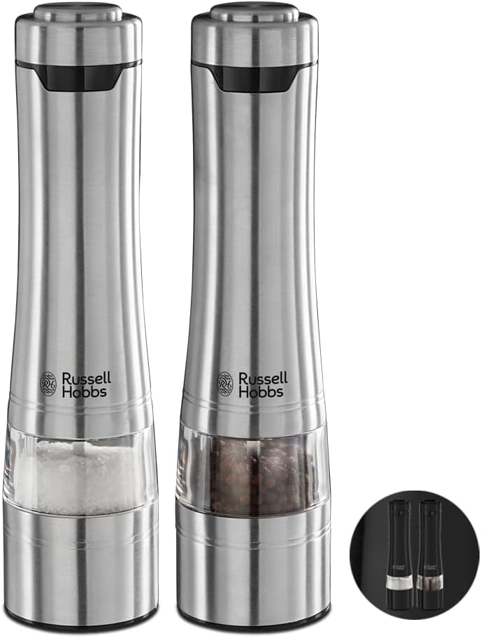 Russell Hobbs Stainless Steel Electric Salt & Pepper Mill Set with adjustable ce...