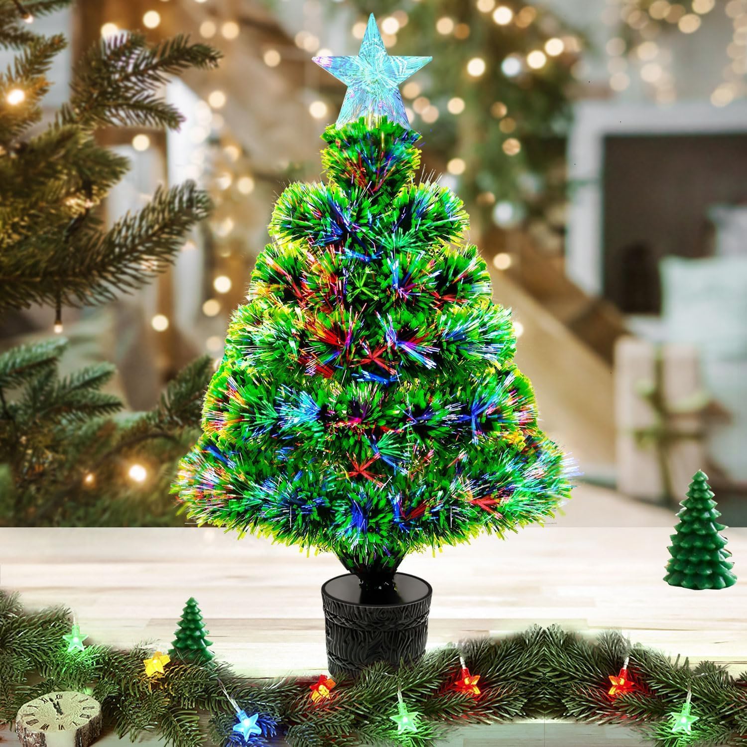 Pre-Lit Artificial Mini Christmas Tree, Lighted Optical Fiber Tabletop Christmas...