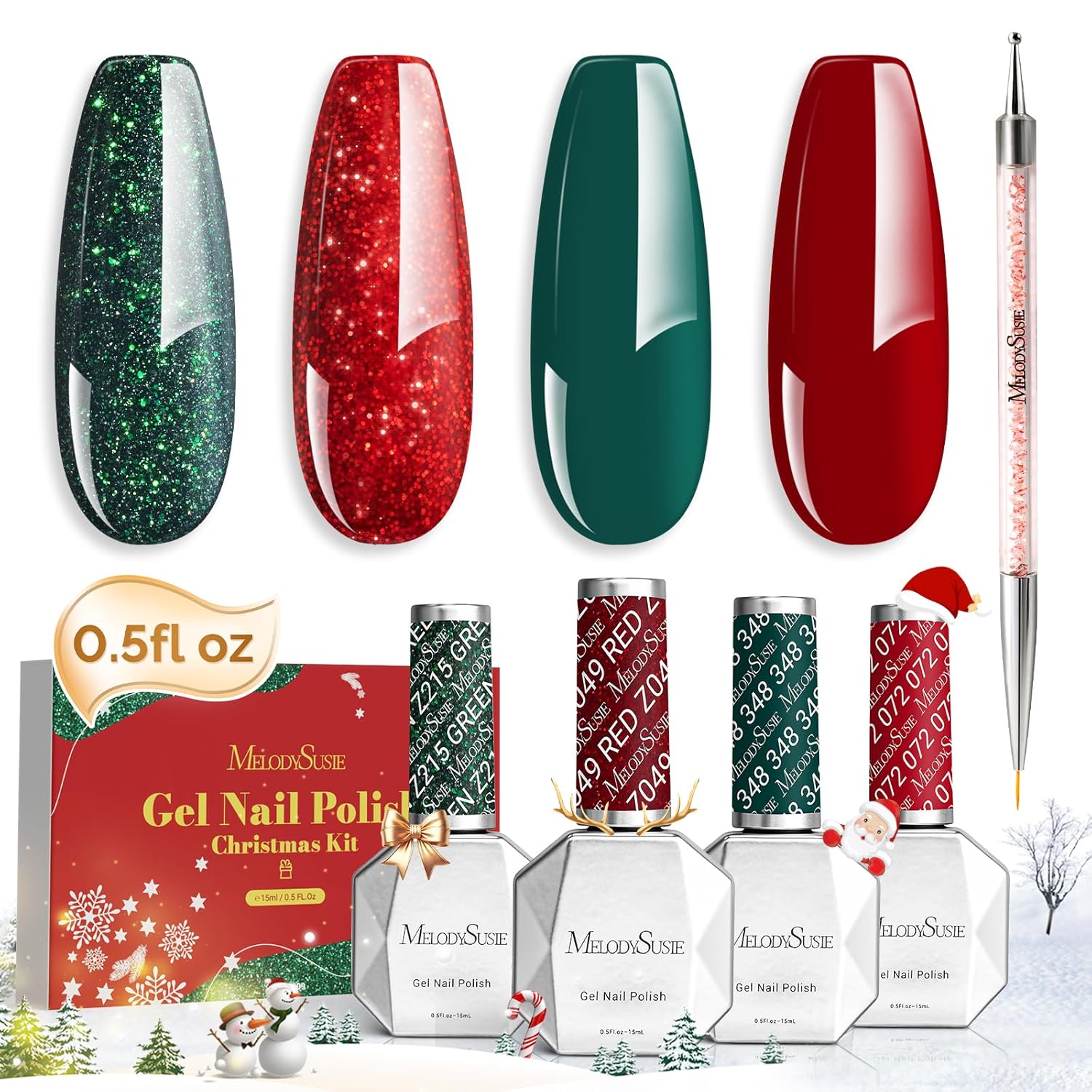 MelodySusie 15ML Christmas Gel Nail Polish Set: Christmas 4 Colors Green and Red...