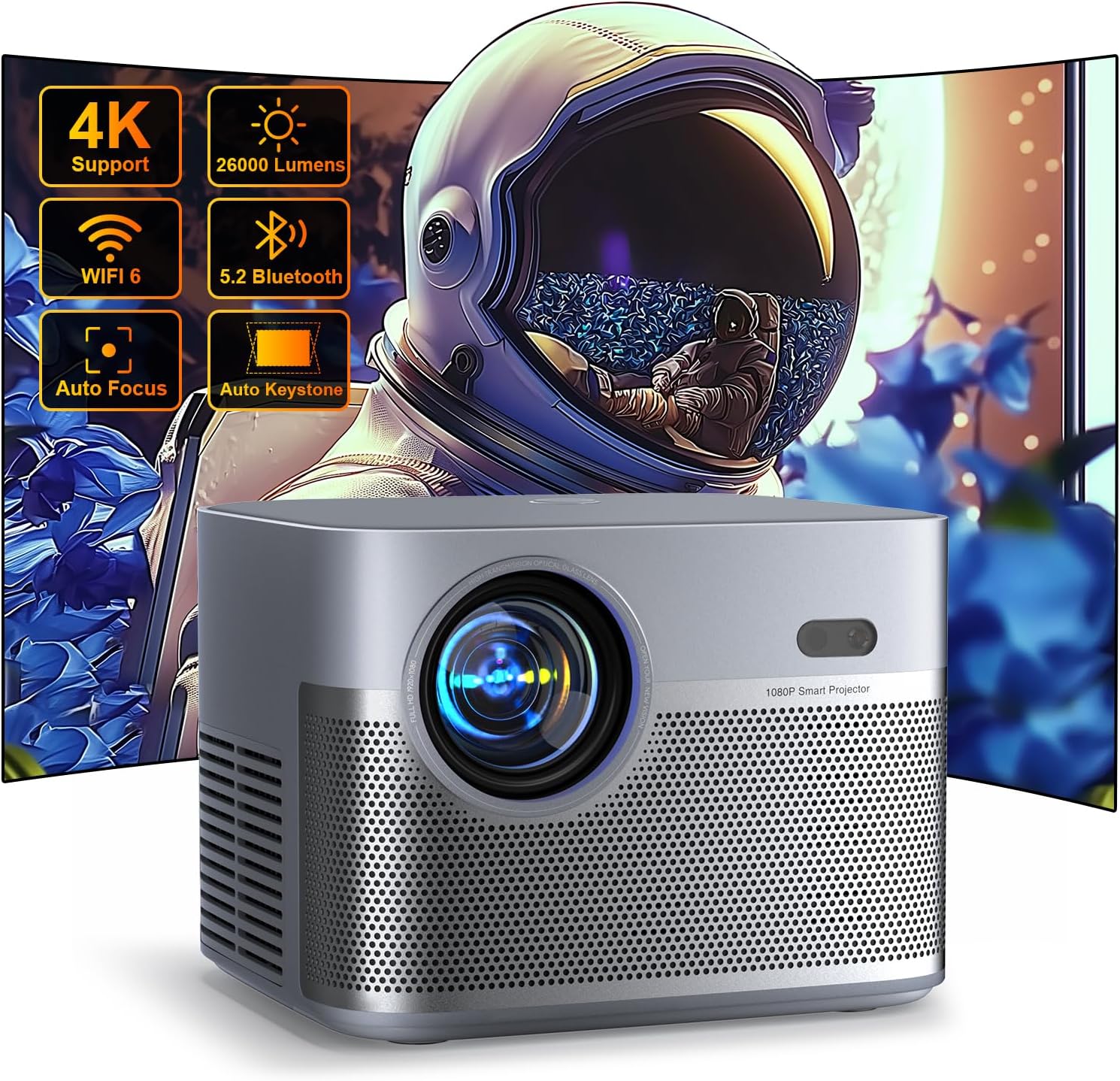 [Auto Focus & Keystone] Projector 4K, WiFi Bluetooth Projector 26000L, VISPPL Na...