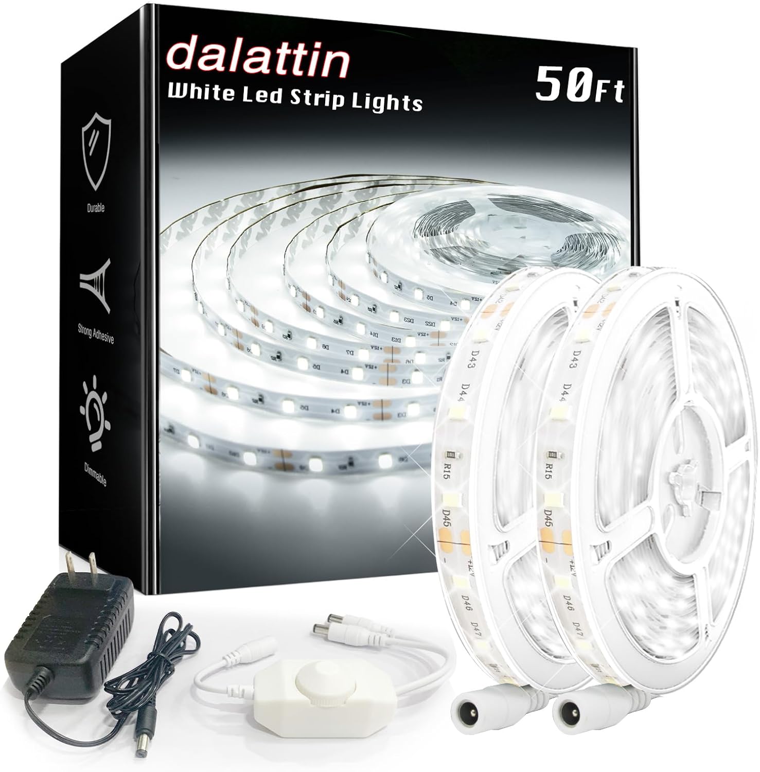 dalattin White LED Strip Lights 50ft Dimmable Bright 24V Led Light Strip 6500K D...