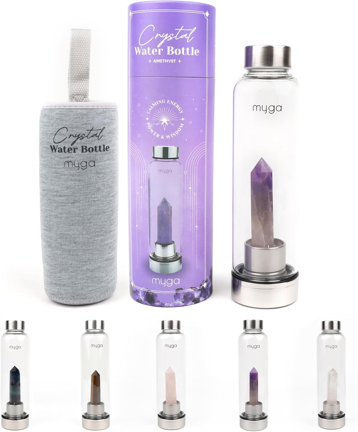Myga Amethyst Crystal Water Bottle - 500ml Glass Drinks Bottle with Natural Heal...