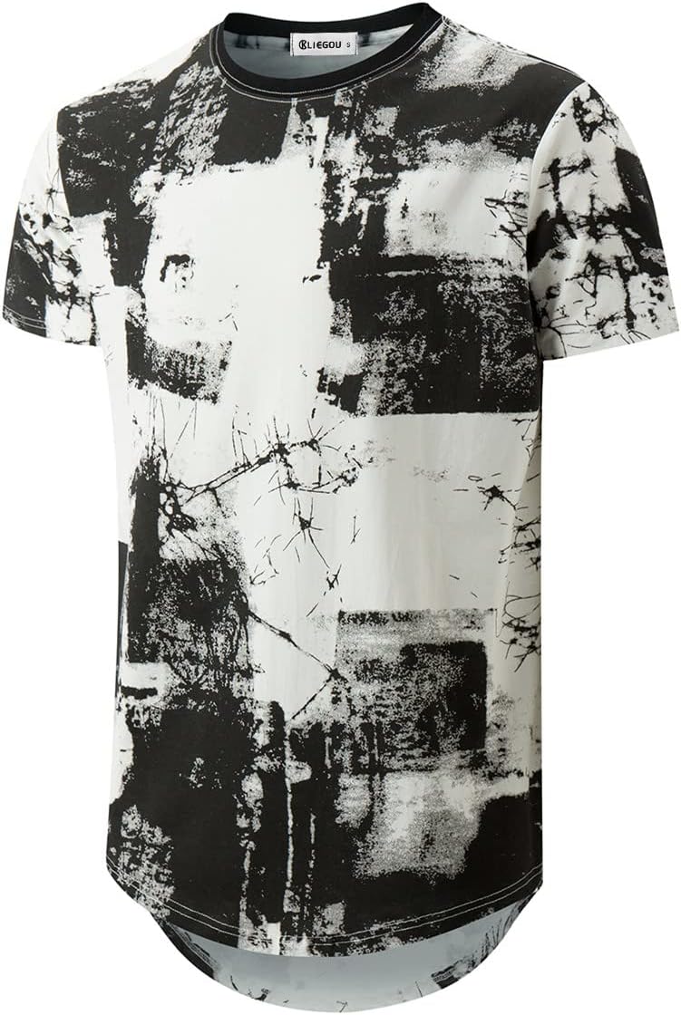 KLIEGOU Mens Hipster Hip Hop Ripped Round Hemline Pattern Print T Shirt Medium W...