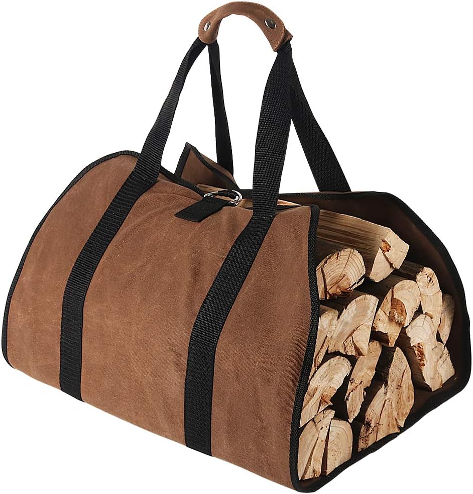 Large Canvas Log Carrier Bag, 38”x 18” Heavy Duty Waxed Fireplace Firewood Tote...
