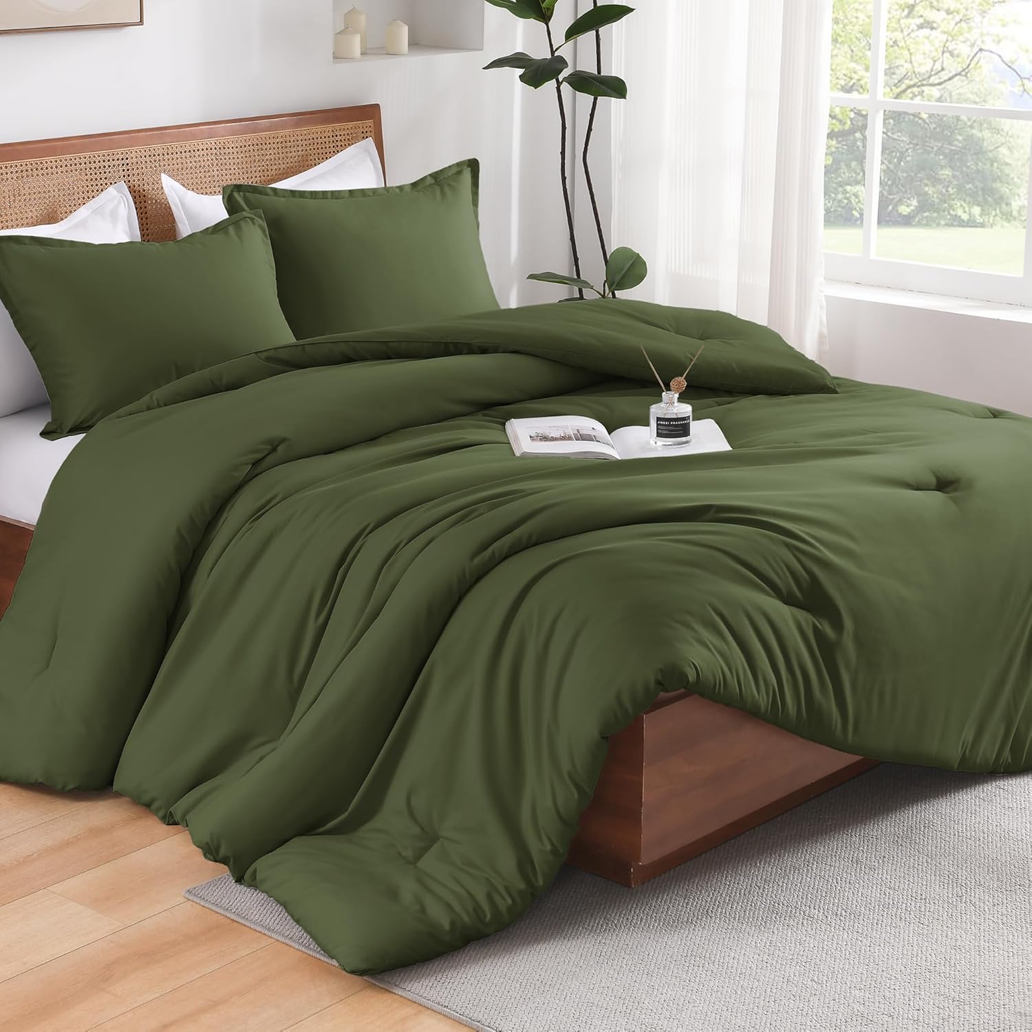 Andency Olive Green Full Size Comforter Set, Solid Comforter Set 3 Pieces (1 Boh...