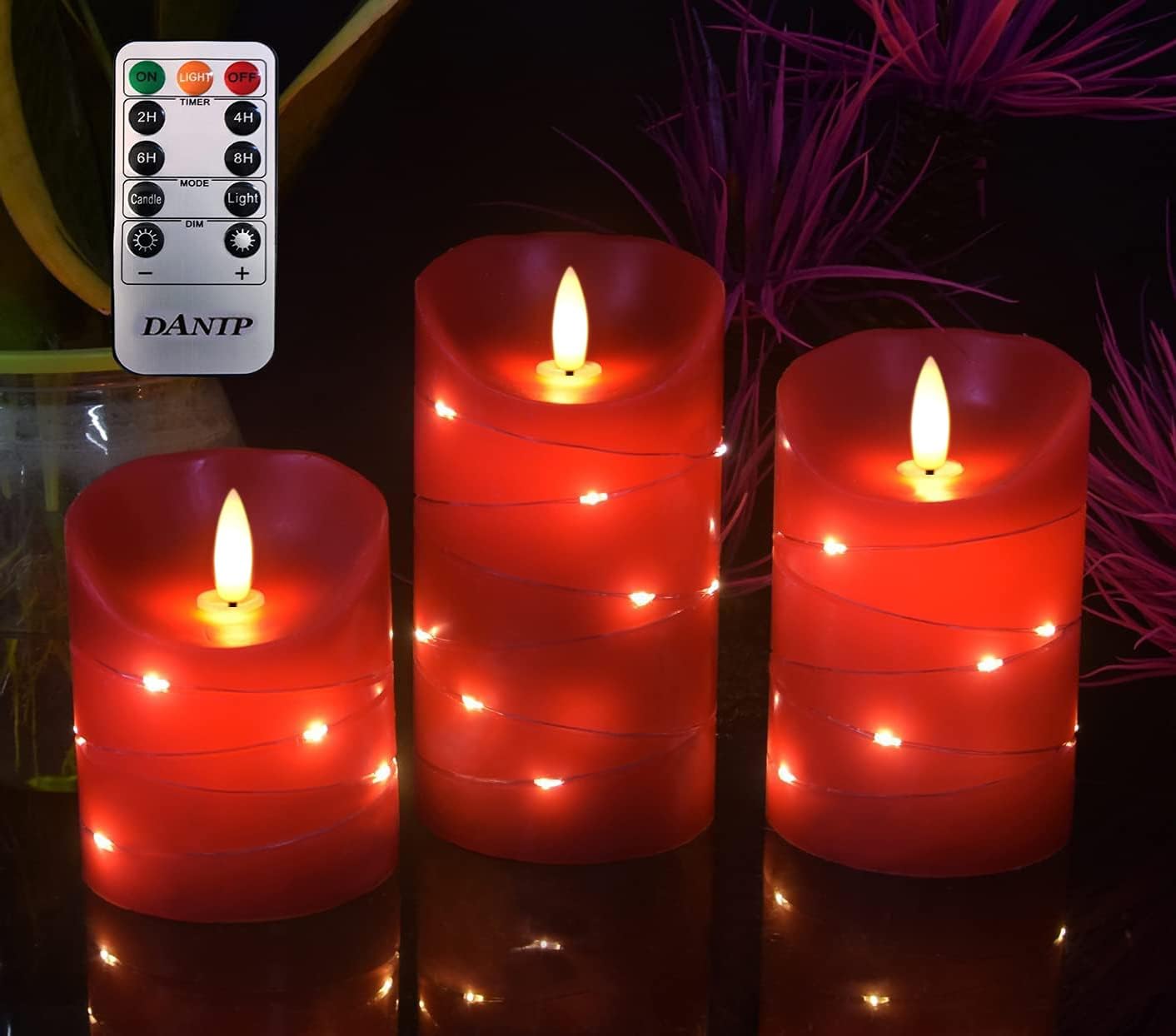 DANIP Red LED flameless Candle with Embedded Starlight String, 3 LED Candles, 10...