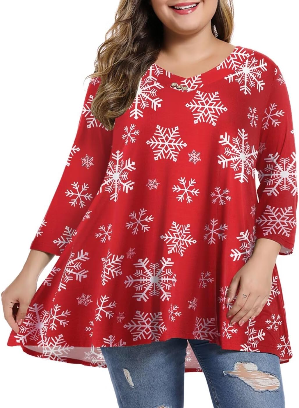 MONNURO Womens Plus Size 3/4 Sleeve V Neck Button Casual Loose Flowy Swing Tunic...