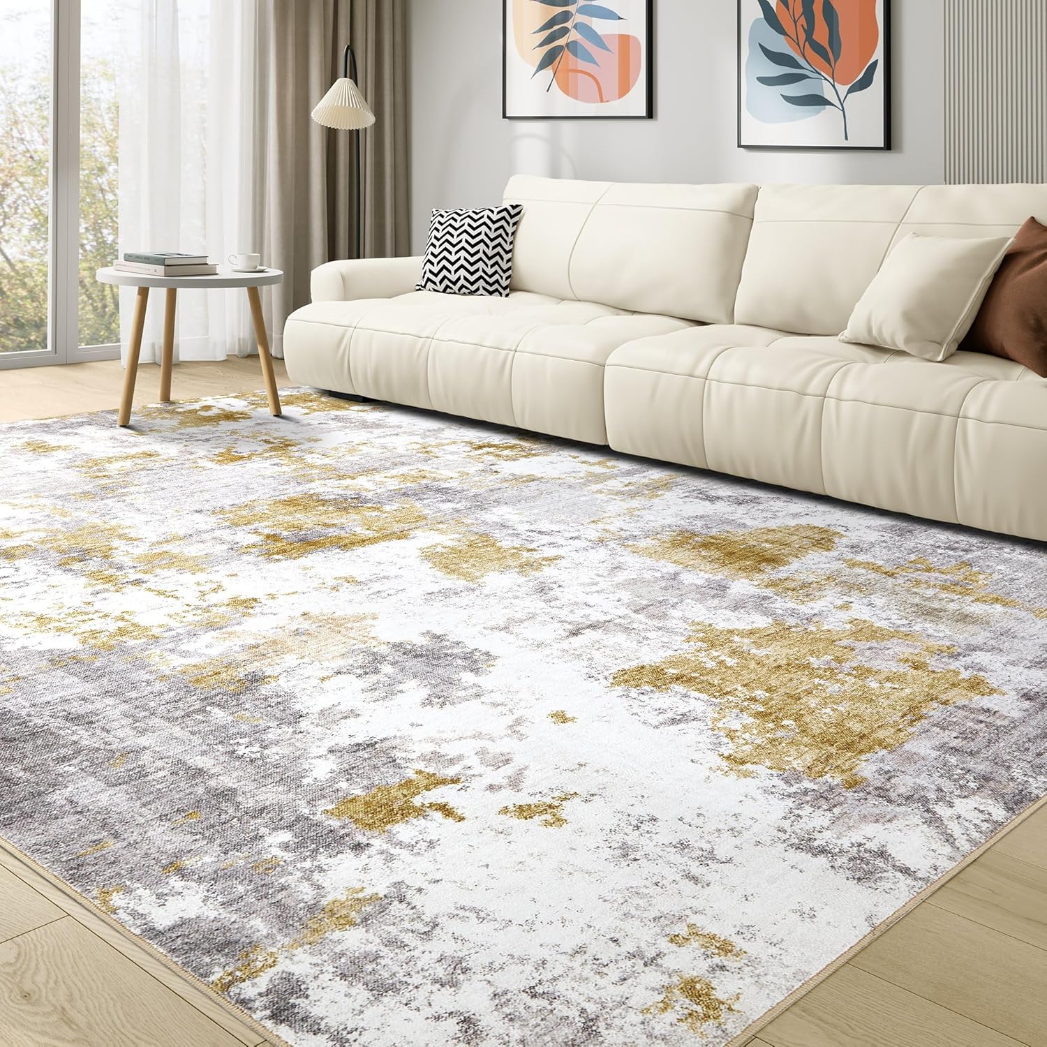 Washable Rug 9x12 Area Rugs: Modern Abstract Neutral Soft Large Rug for Living R...