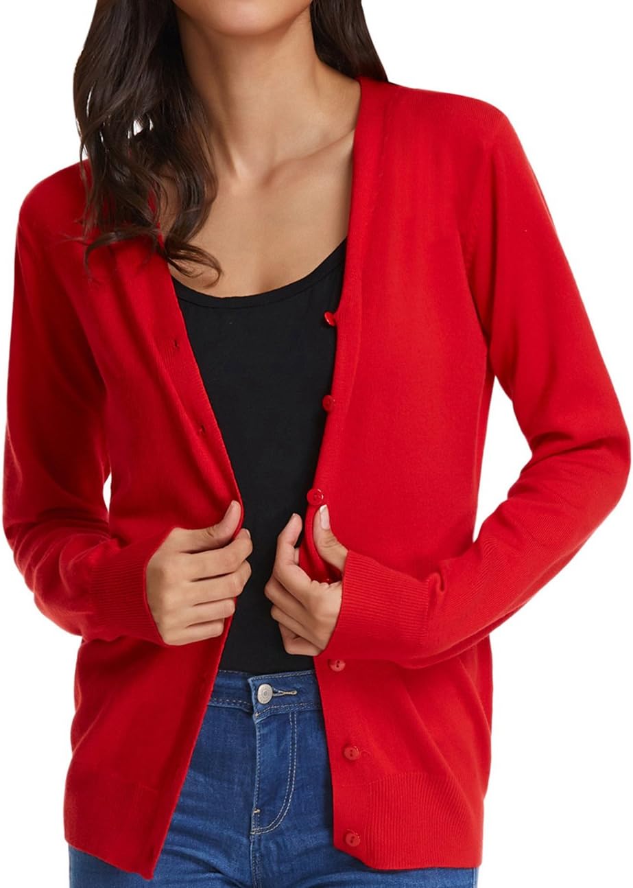 GRACE KARIN Women's Long Sleeve Button Down Vee Neck Classic Sweater Knit Cardig...