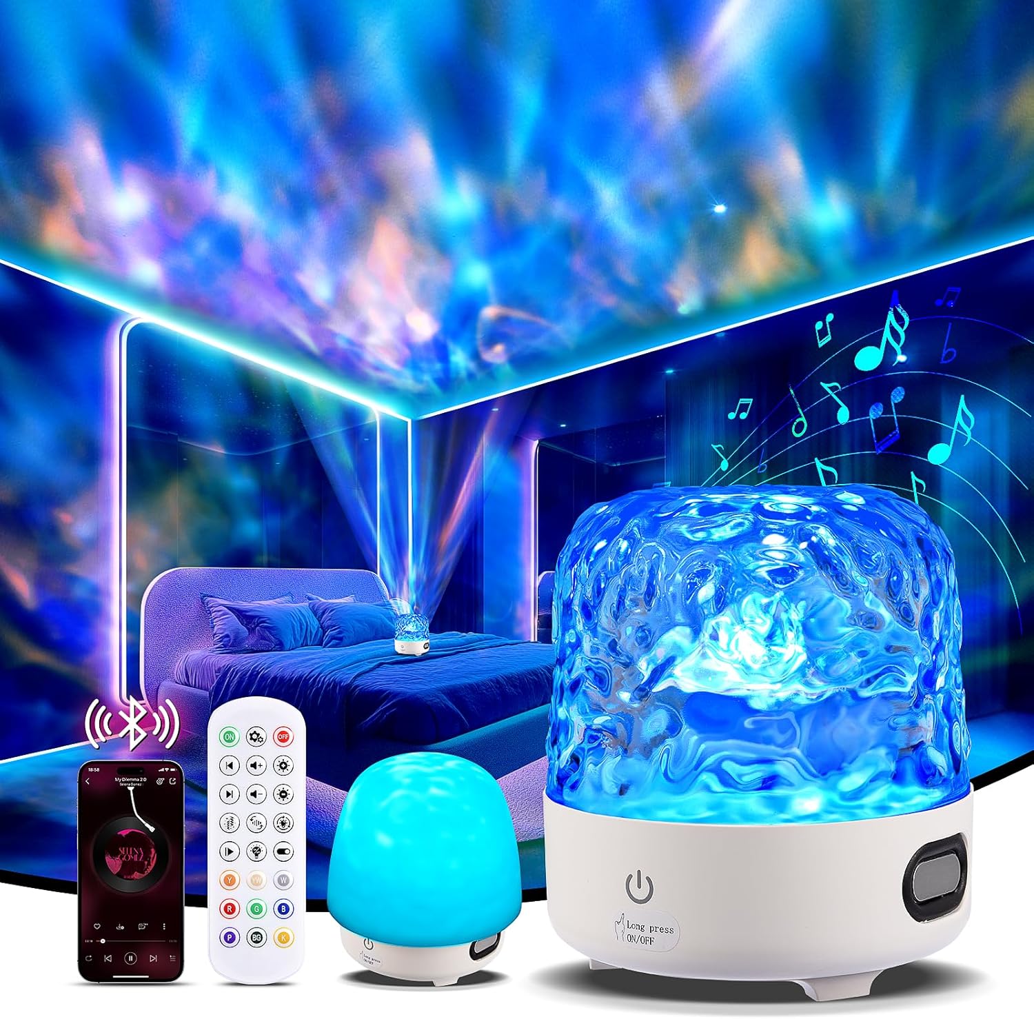 SUPPOU Wave Galaxy Projector, Wireless Bluetooth Speakers with Adjustable Lamp,...