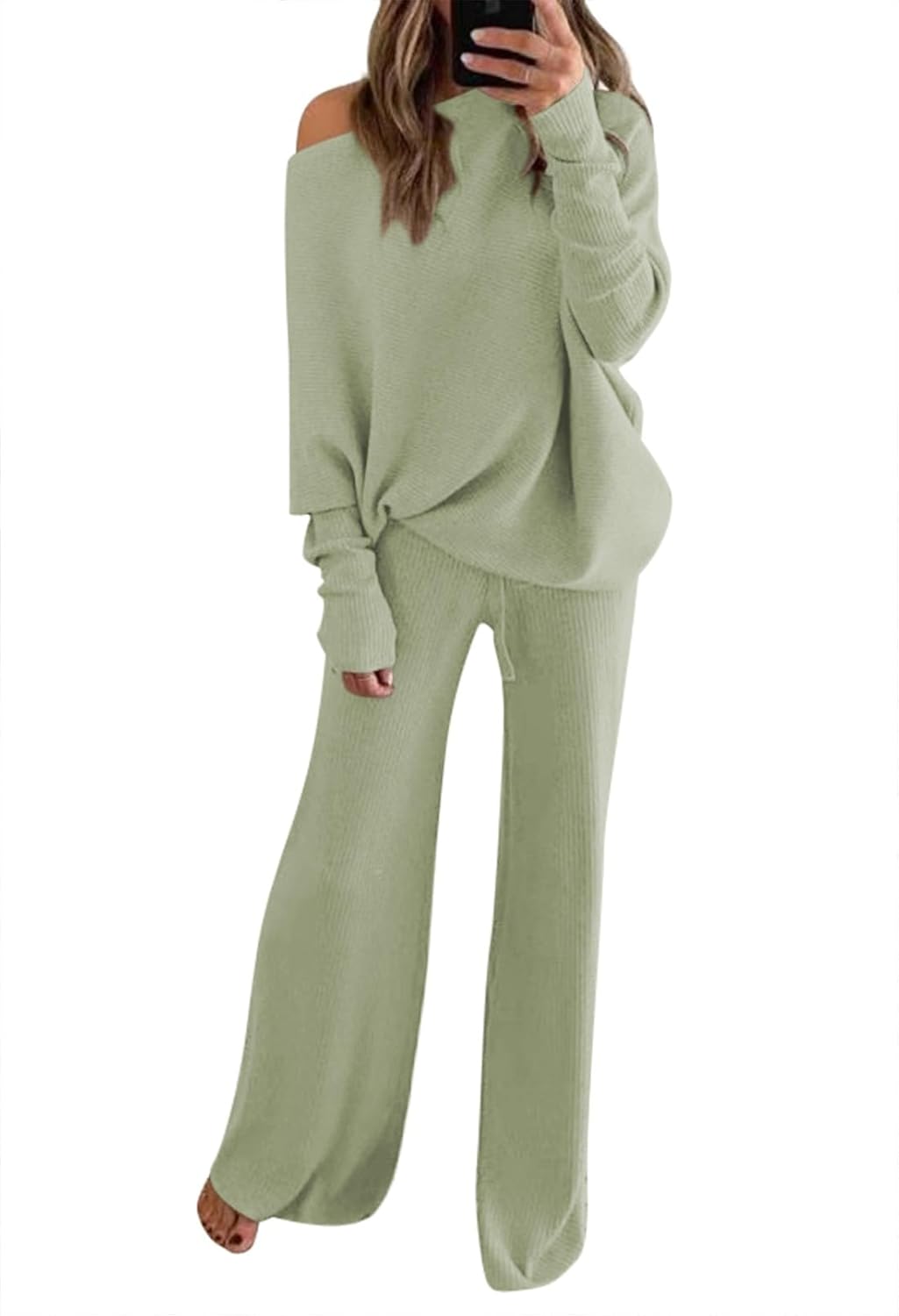 Fixmatti Womens Knitted Outfits 2 Pieces Sweatsuit High Neck Sweater Wide Leg Pa...