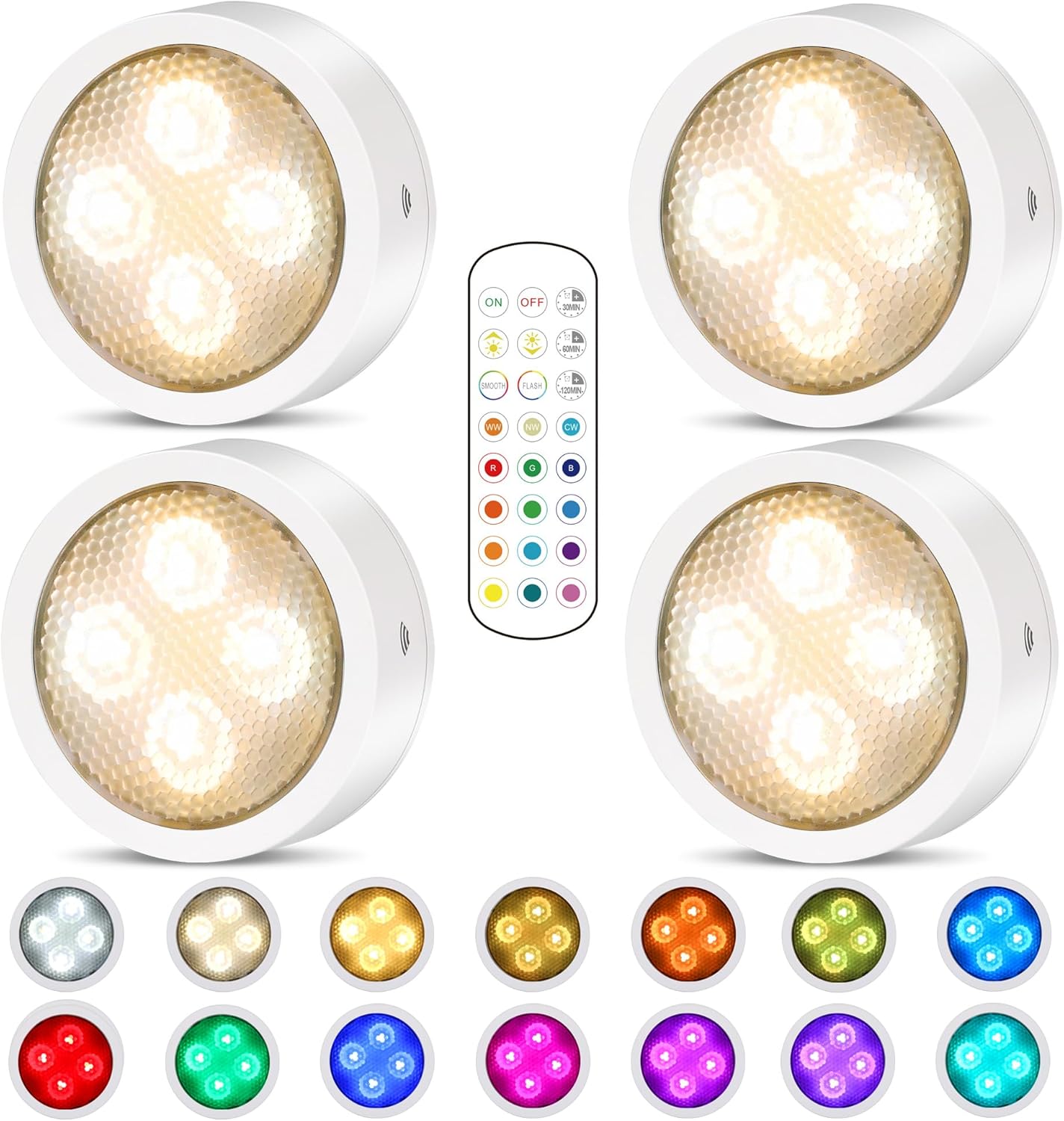 Onumii Puck Lights with Remote & Timer, Under Cabinet Kitchen Lights Battery Ope...