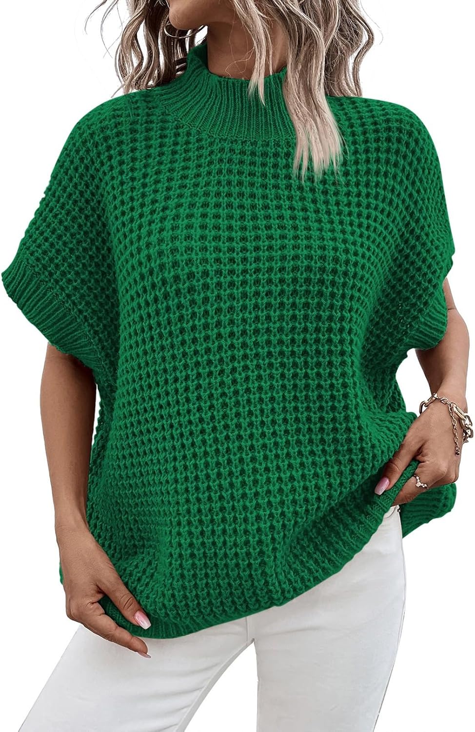 Viottiset Womens Oversized Short Batwing Sleeve Mock Neck Sweater Vest Fall Slee...
