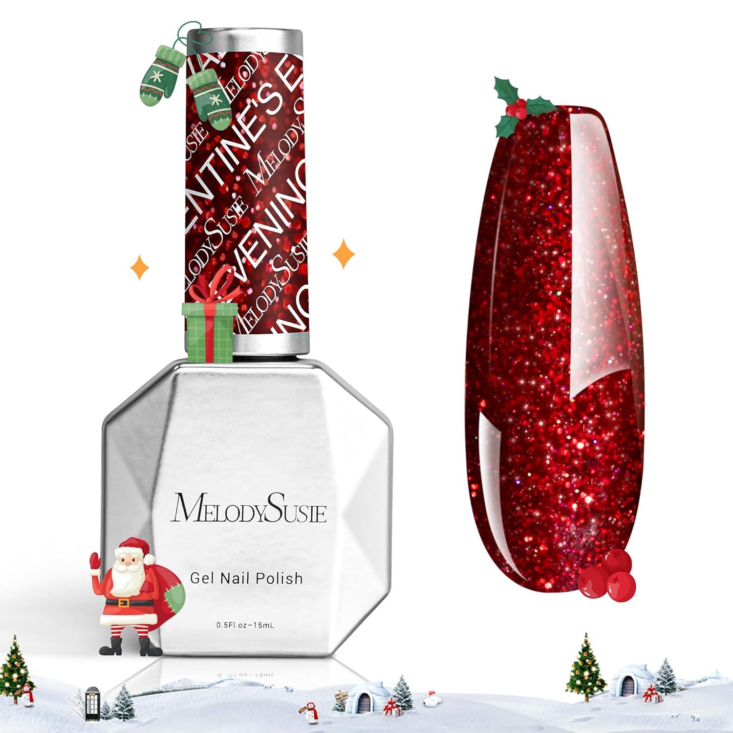 MelodySusie Christmas Red Glitter Gel Nail Polish,0.5fl oz Red Soak Off UV LED S...