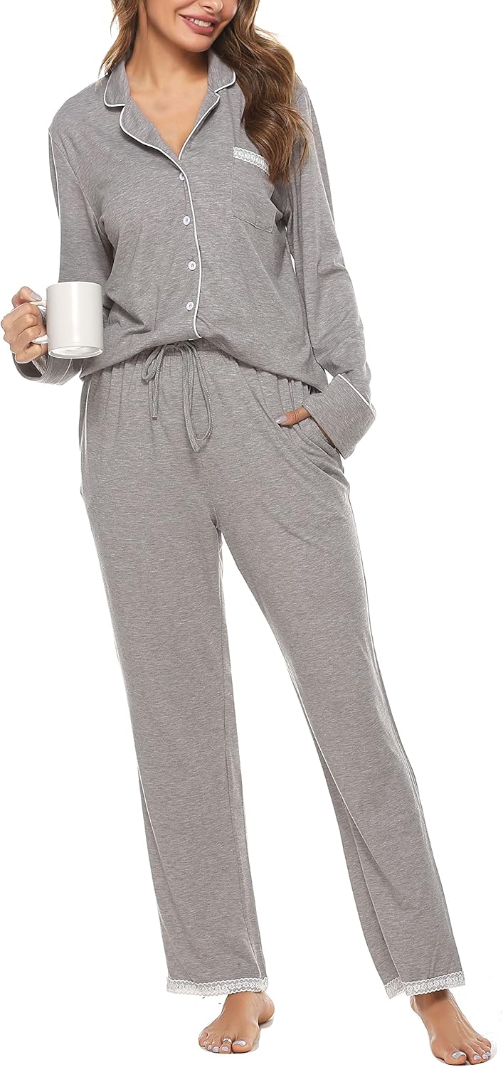 Vlazom Pyjamas Set for Women, Soft Two Pieces Pjs Sets Long Sleeve Button Down T...