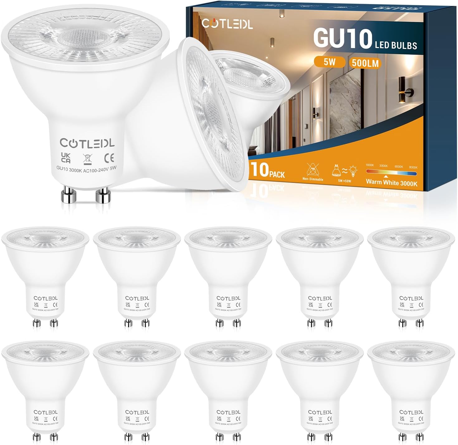 COTLEDL GU10 LED Bulbs Warm White, 5W 500 Lumen Spot Light Bulb 3000K, Equivalen...
