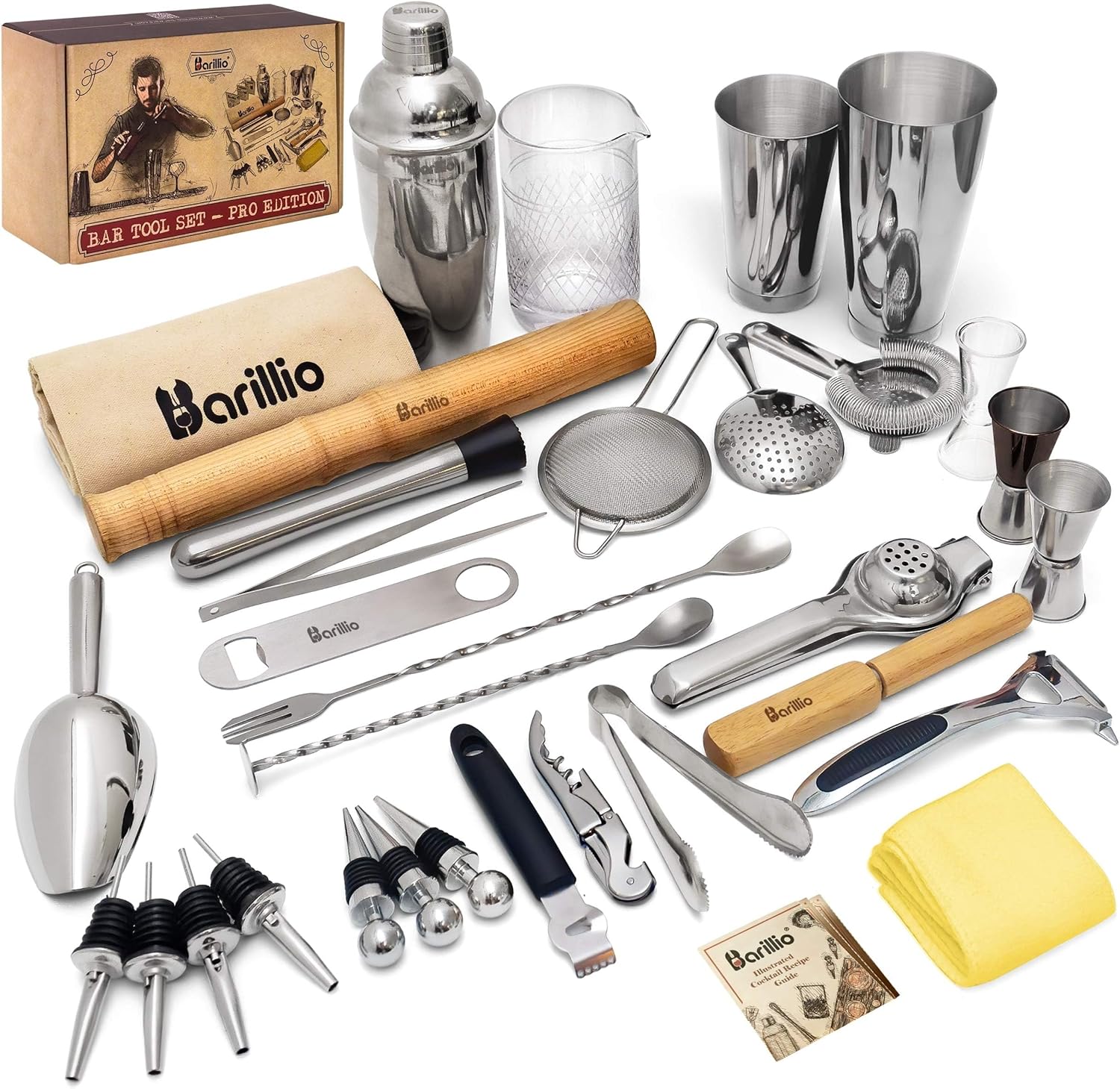Barillio Bar Tool Set Pro Edition - Stainless-Steel Cocktail Shaker Set - Mixolo...