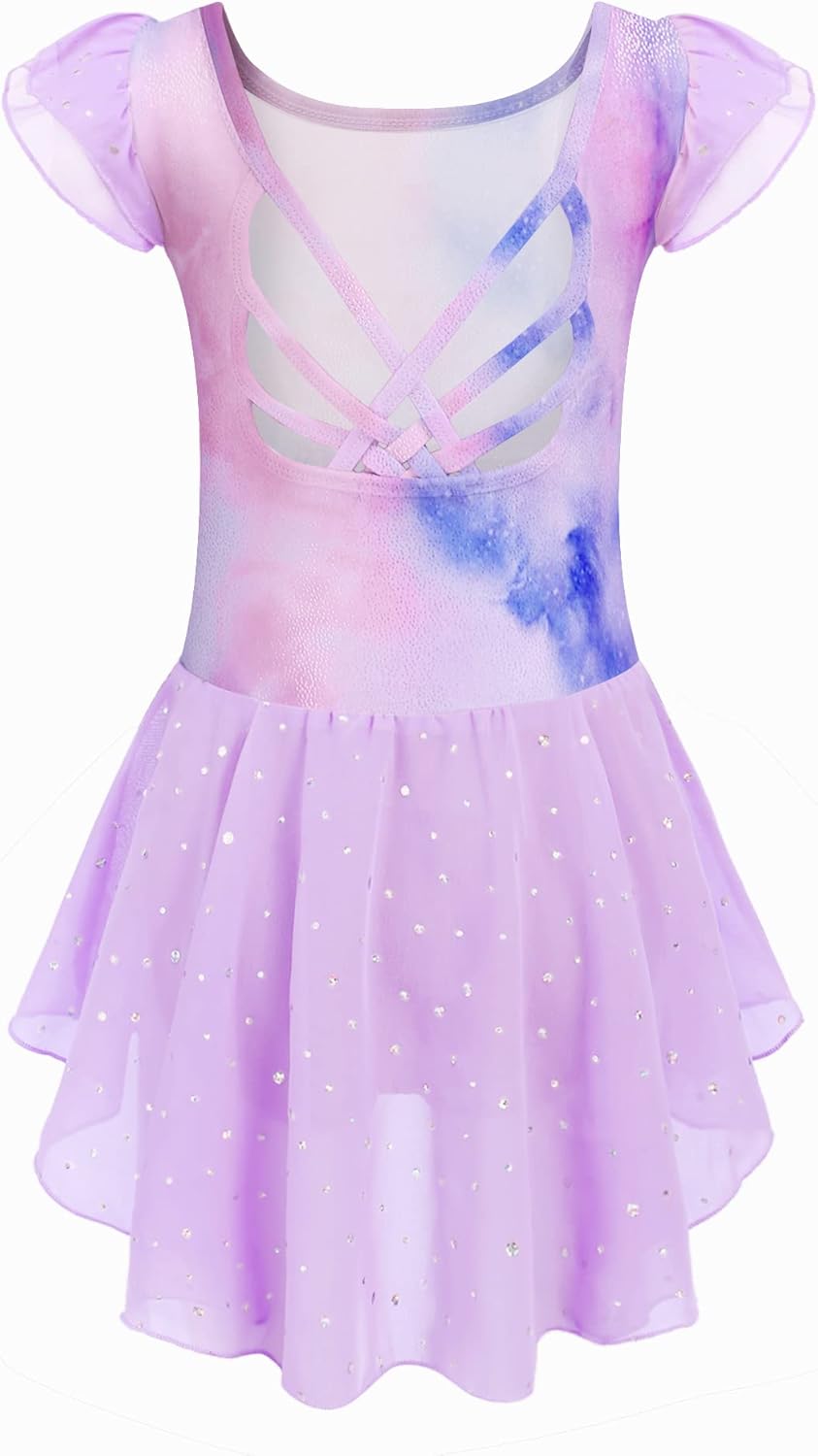 Arshiner Girls Shiny Ruffle Sleeve Ballet Leotard with Skirt Criss-Cross Back Da...
