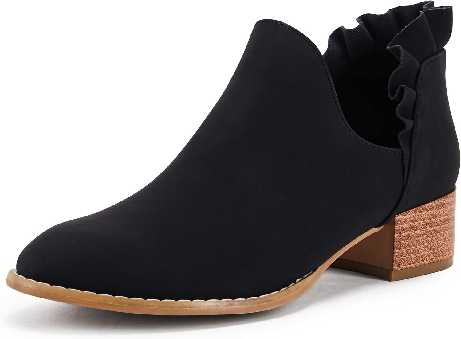 FISACE Womens Ruffled Ankle Boots V Cut Out Pointed Toe Chunky Low Heel Dressy W...