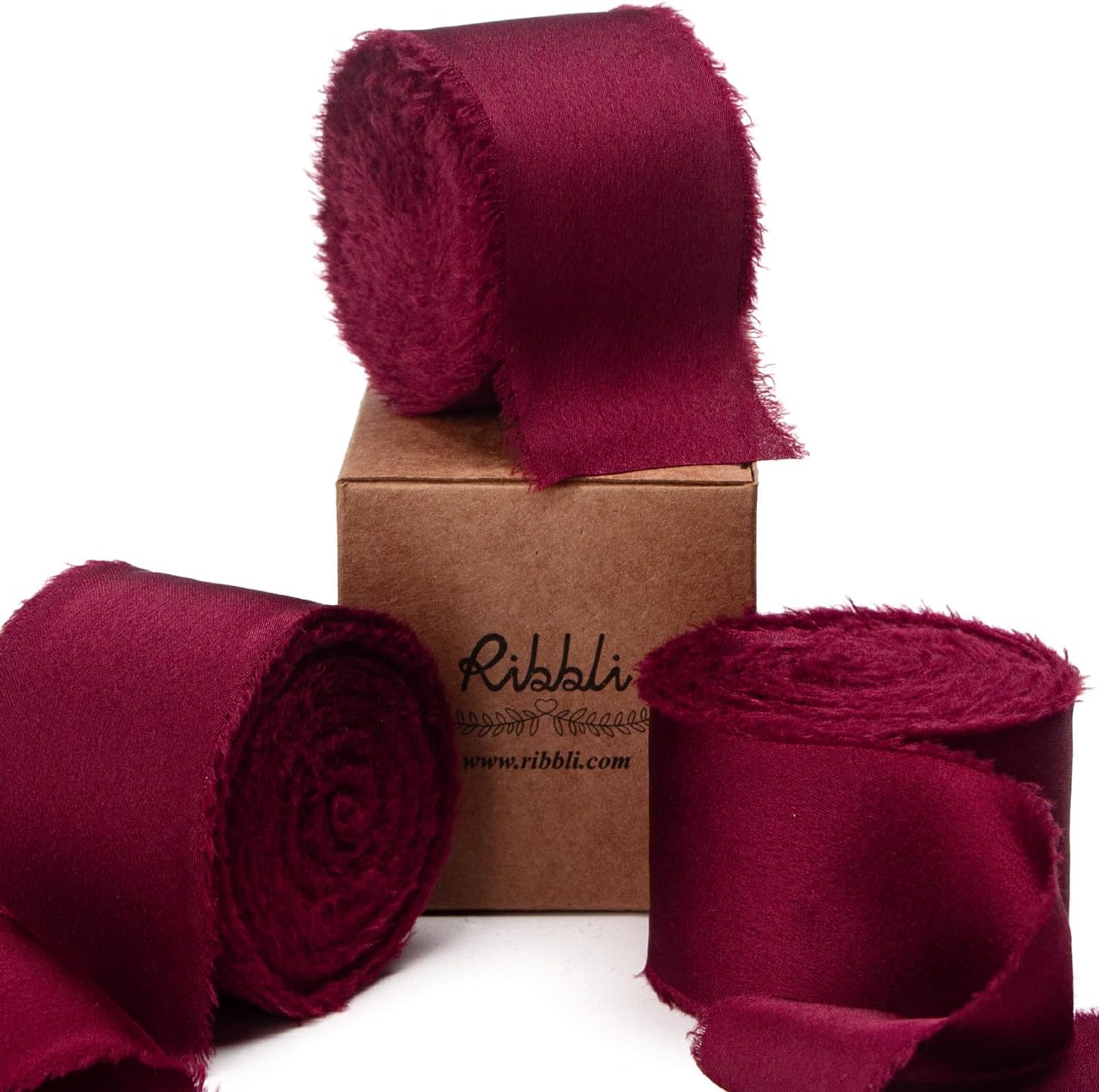 Ribbli Burgundy Silk Satin Ribbon 1.5 Inch x 30 Yard Handmade Frayed Chiffon Win...