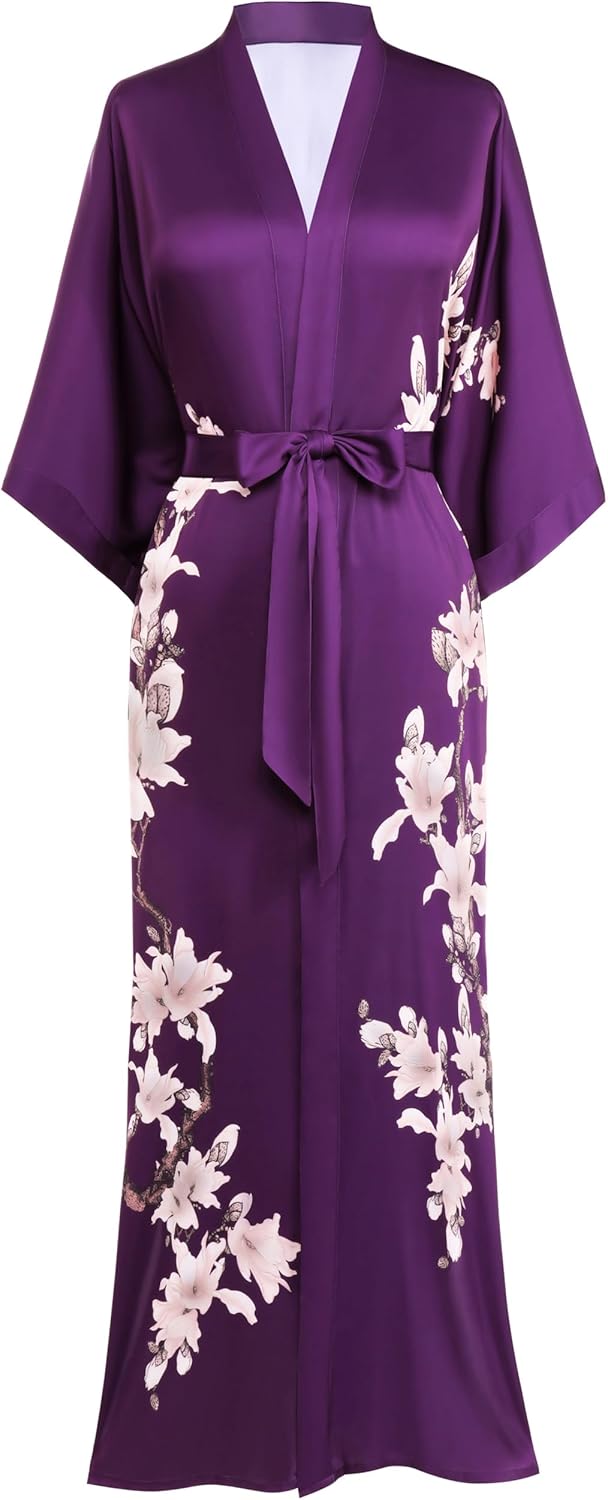 BABEYOND Kimono Robe Cover up with Box Long Floral Satin Sleepwear Silky Bathrob...