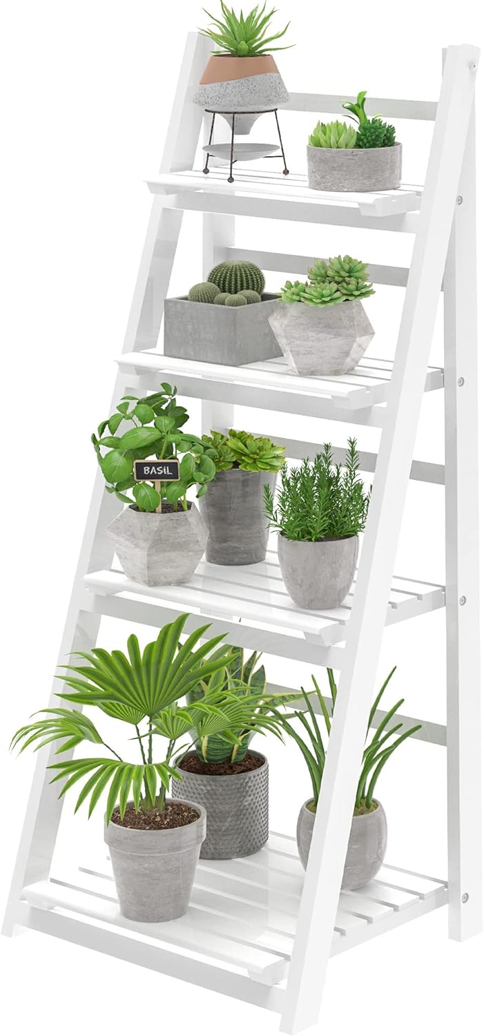 HOMIDEC Plant Stand, 4 Tier Wooden Ladder Shelf Fr...