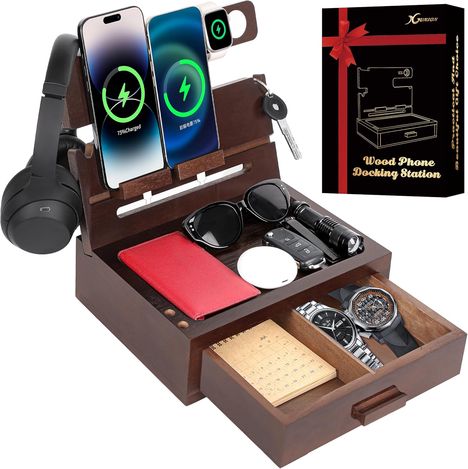 Gifts for Men Dad Women from Daughter Son Wife Wood Phone Docking Station with D...