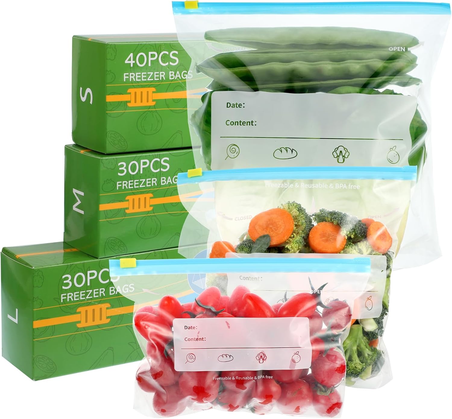 100 Pcs Food Storage Bags, Reusable Sandwich Bags (4.55L, 2.27L, 1L) Food Storag...