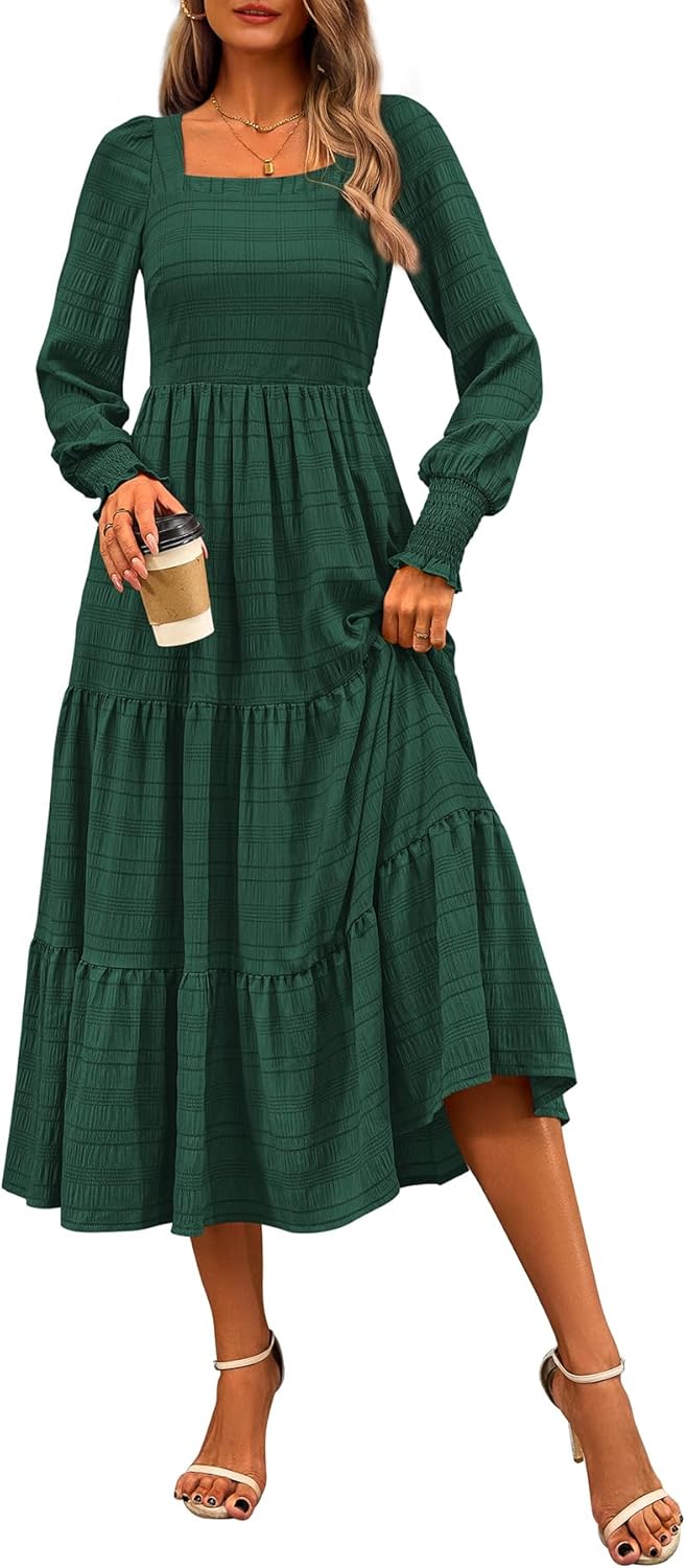 CFLONGE Women's Fall Dresses 2024 Puff Long Sleeve Square Neck Dress High Waist...