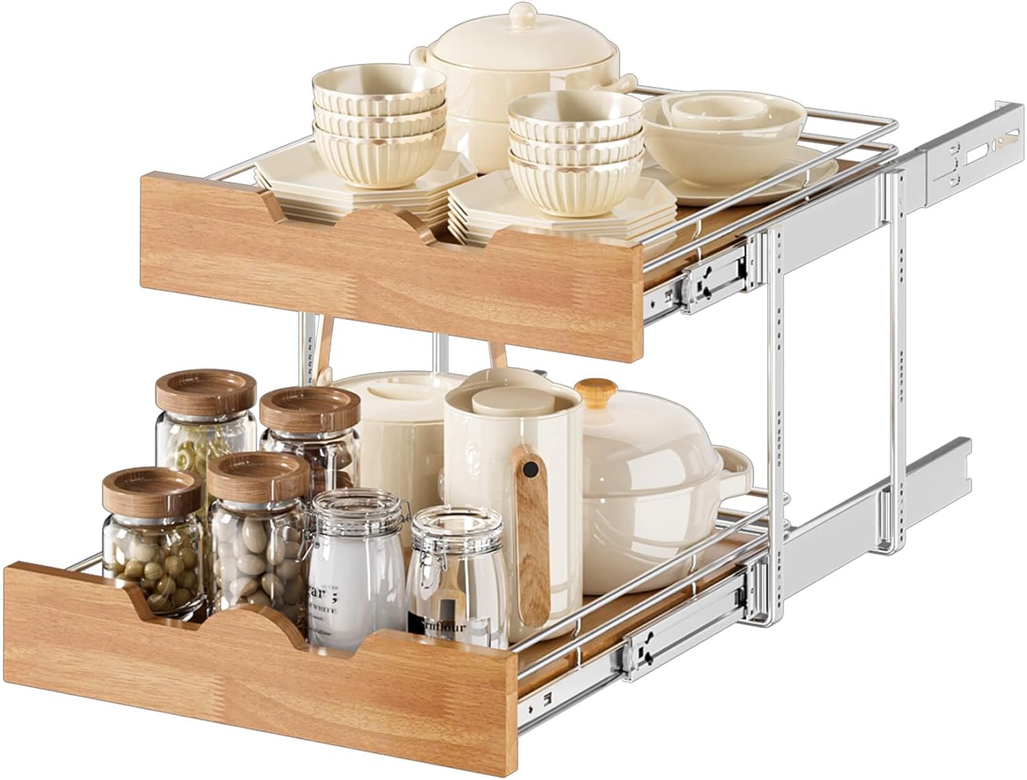 OCG Pull Out Cabinet Organizer 17" W x 21" D, 2 Tier Slide Out Shelf, Heavy-Duty...