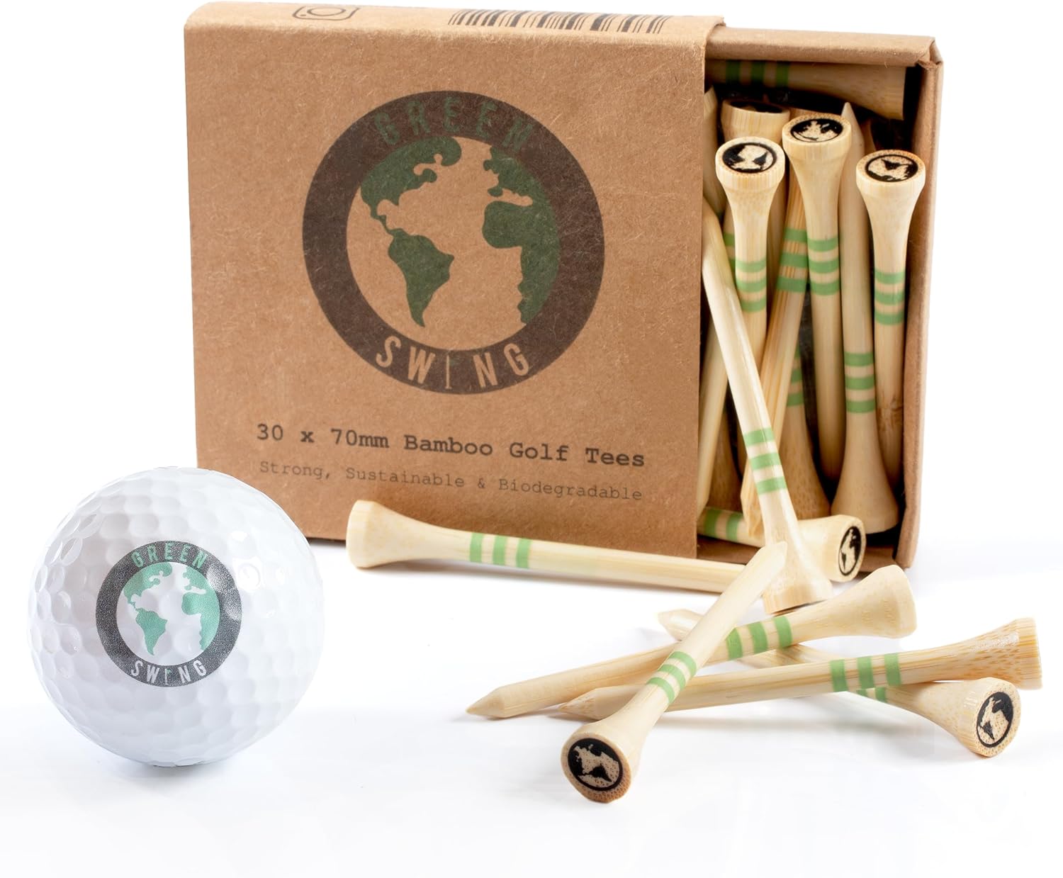 Green Swing Bamboo Golf Tees 70mm | Strong Sustainable Biodegradable | 30pcs