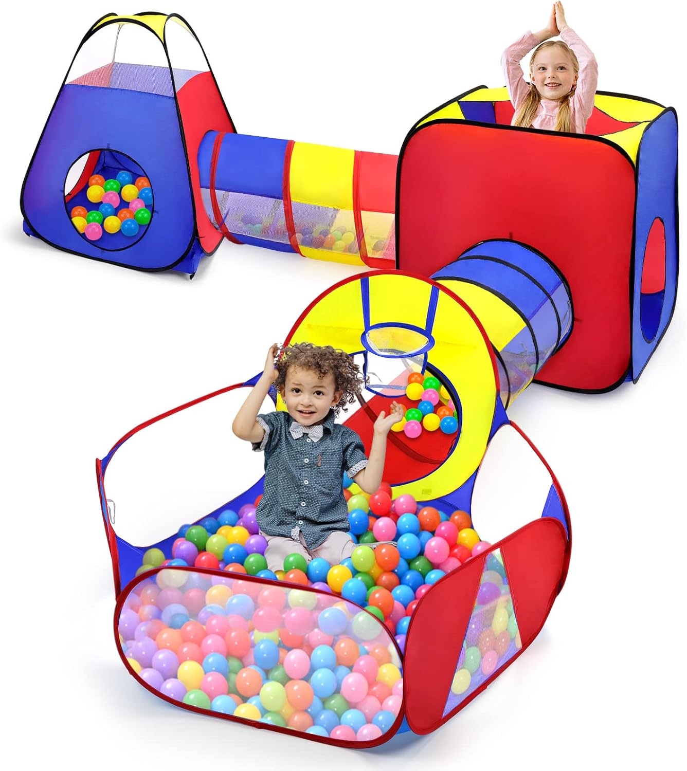 Opret 5 in 1 Pop Up Play Tent with Tunnel and Ball Pit for Kids, Foldable Playho...