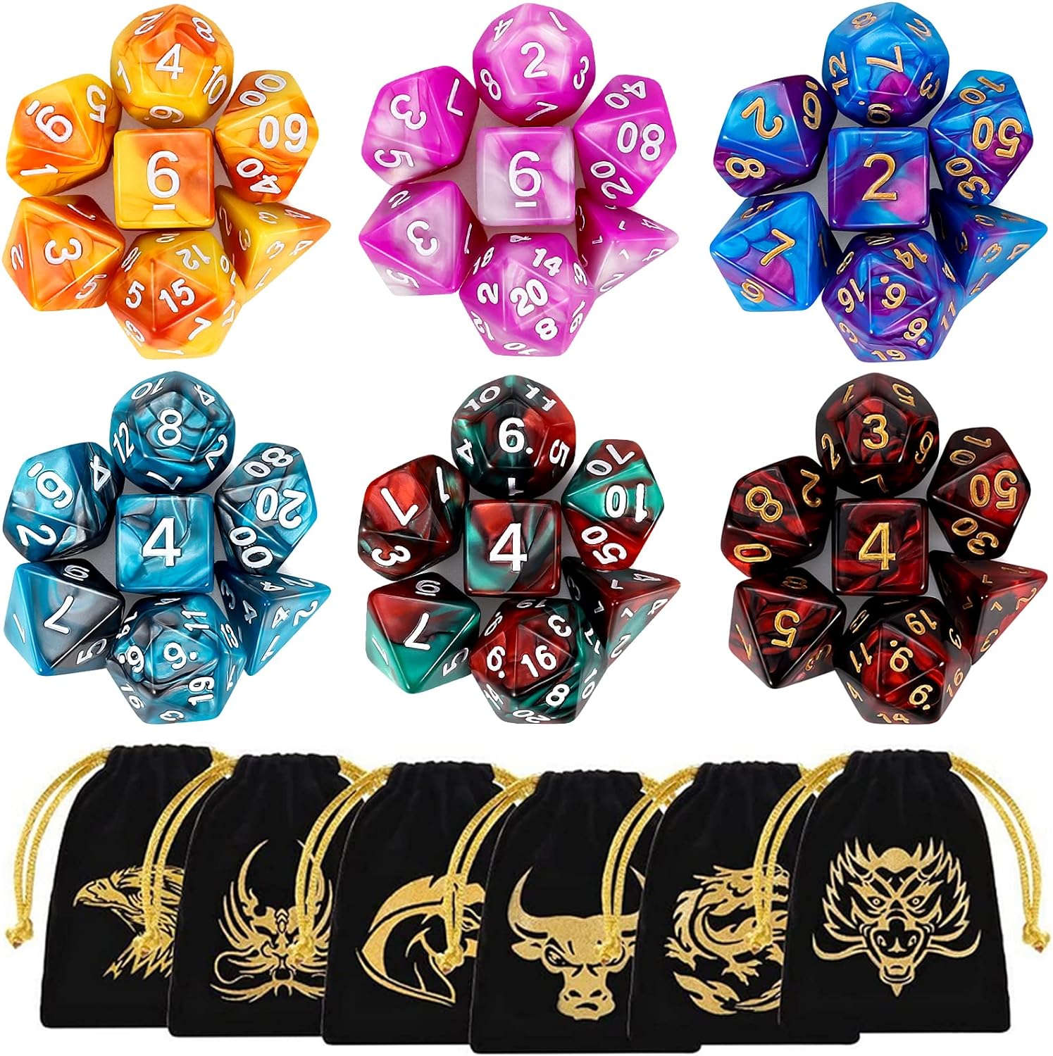 QMay DND Dice Sets - 6 X 7 Polyhedral Dice (42pcs) with 6 Drawstring Bags for Du...