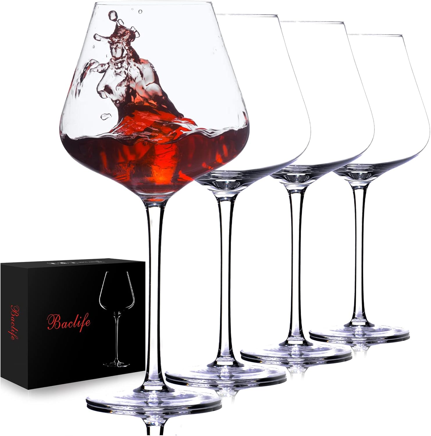 Hand Blown Red Wine Glasses Set of 4 – 23 oz Burgundy Wine Glasses With Long Ste...