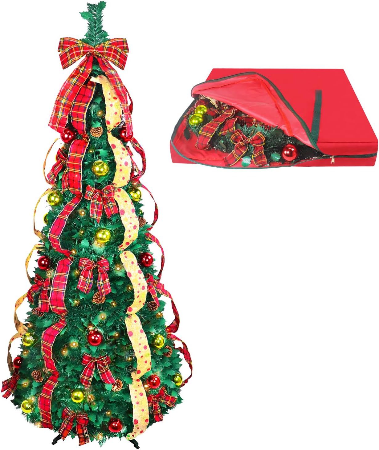 6ft Pop up Christmas Tree - Fully Decorated Pre-Lit Pull Up Tree Includes Storag...