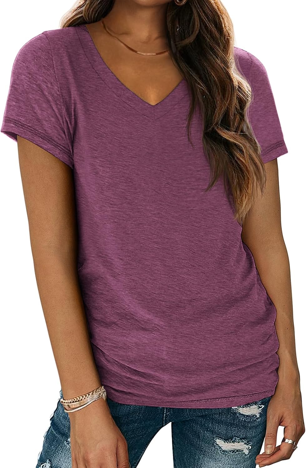 ATHMILE T Shirts Short Sleeve V Neck Tees for Women Fashion Tops Trendy Soft Cas...