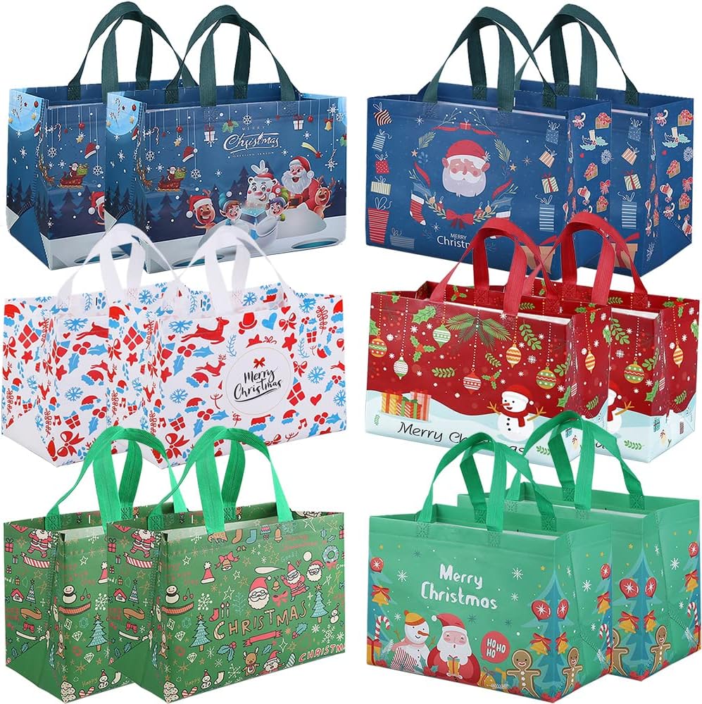 DOJoykey 12pcs Large Christmas Tote Bags with Handle, Reusable Gift Bags Shoppin...