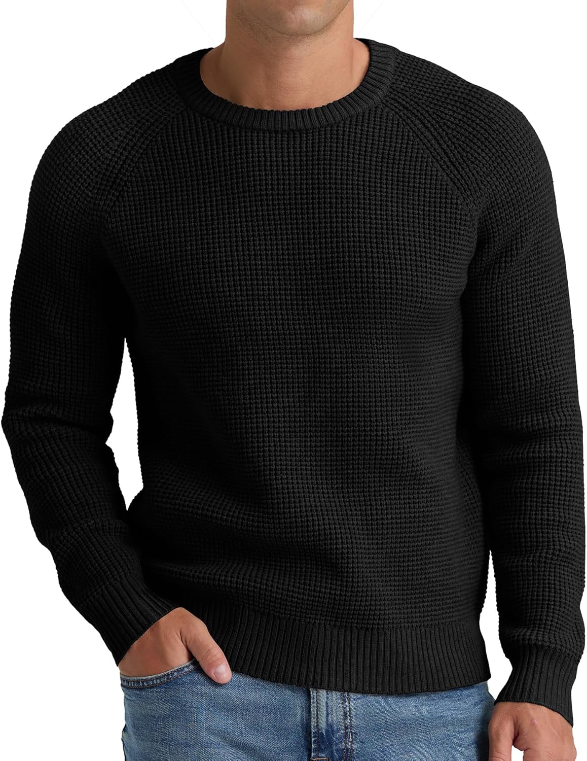 NITAGUT Mens Crewneck Pullover Sweater Waffle Textured Solid Knitted Soft Long S...