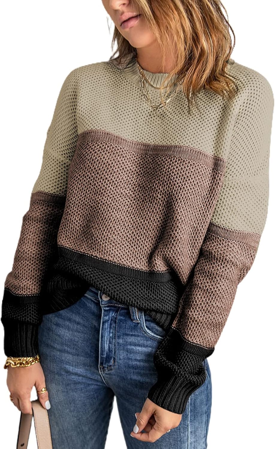 Dokotoo Womens Color Block Sweaters Long Sleeve Crewneck Pullover Knit Jumper To...