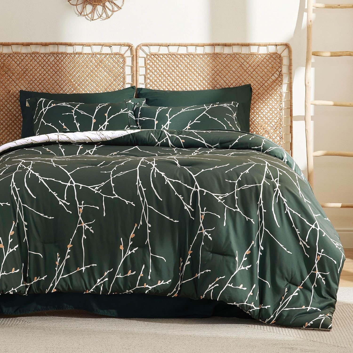 Bedsure Forest Green Queen Comforter Set - 7 Pieces Floral Bedding Sets Queen Be...
