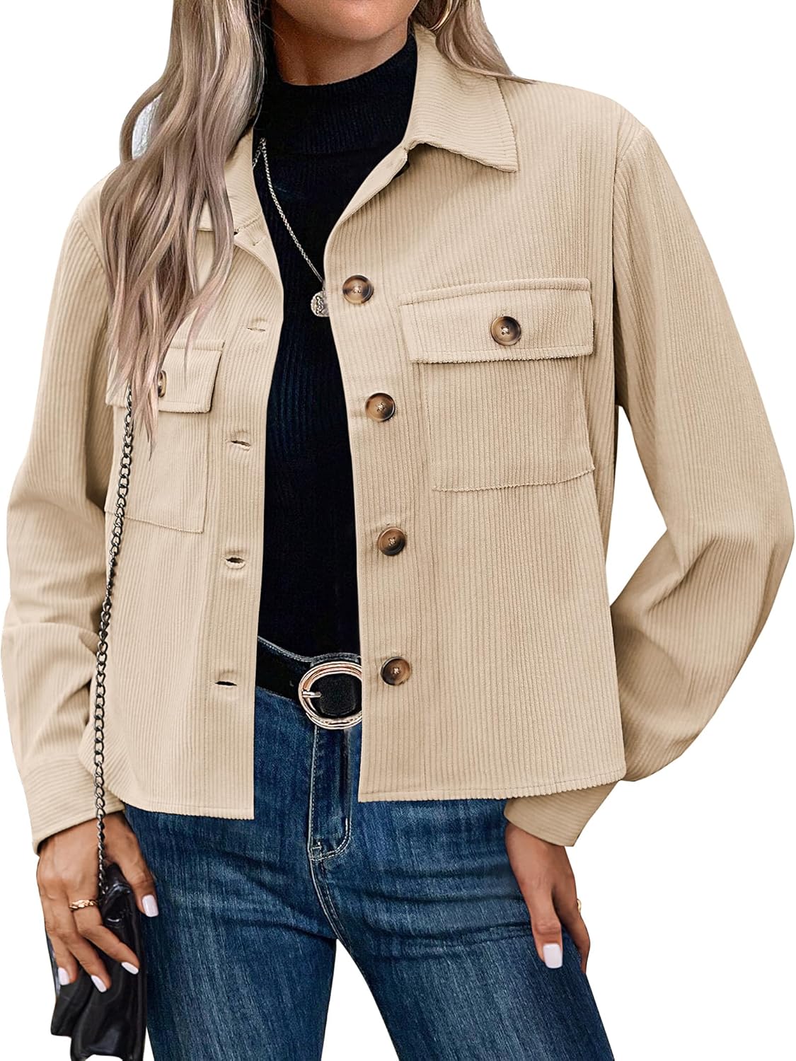 Zeagoo Womens Fashion Cropped Shackets Corduroy Button Down Crop Jackets Tops Lo...