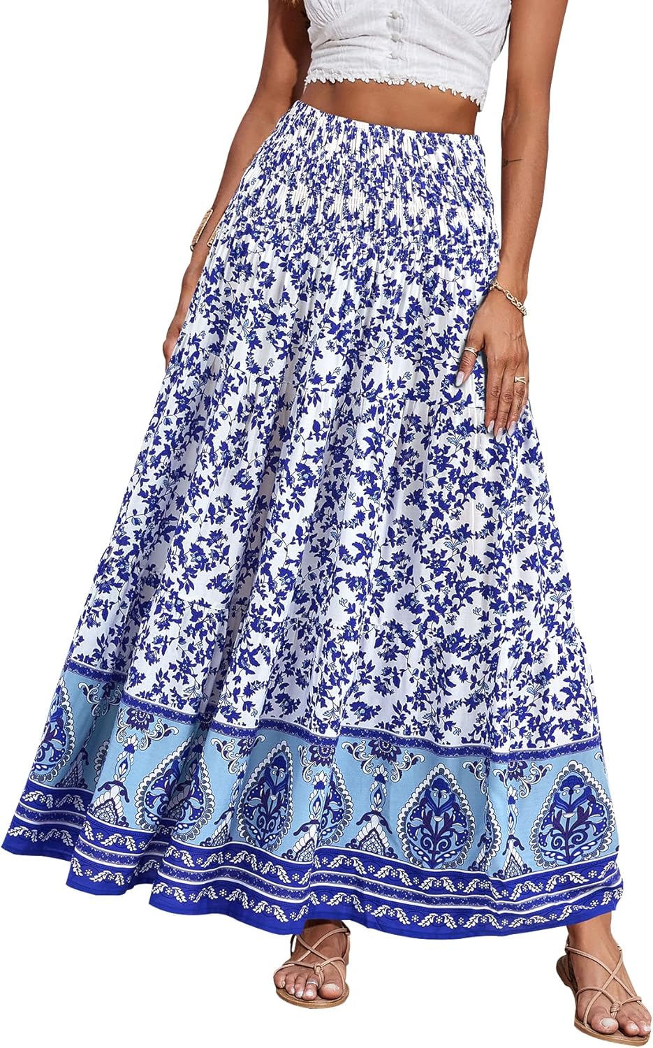 CFLONGE Women's 2024 Bohemian Long Skirts Flowy High Waist A Line Maxi Skirts fo...
